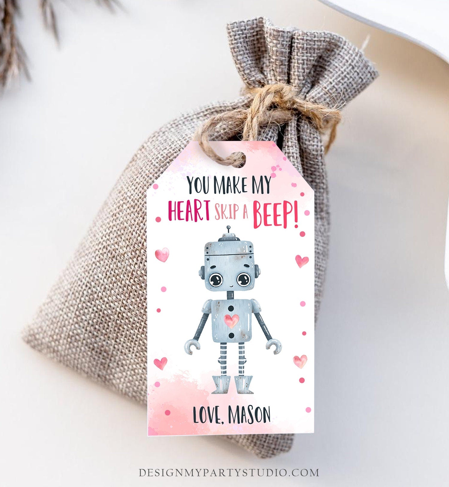 Editable Valentine's Day Favor Tag Thank You Robot Valentines Tag School You Make My Heart Skip a Beep Non-Candy Printable PRINTABLE 0370