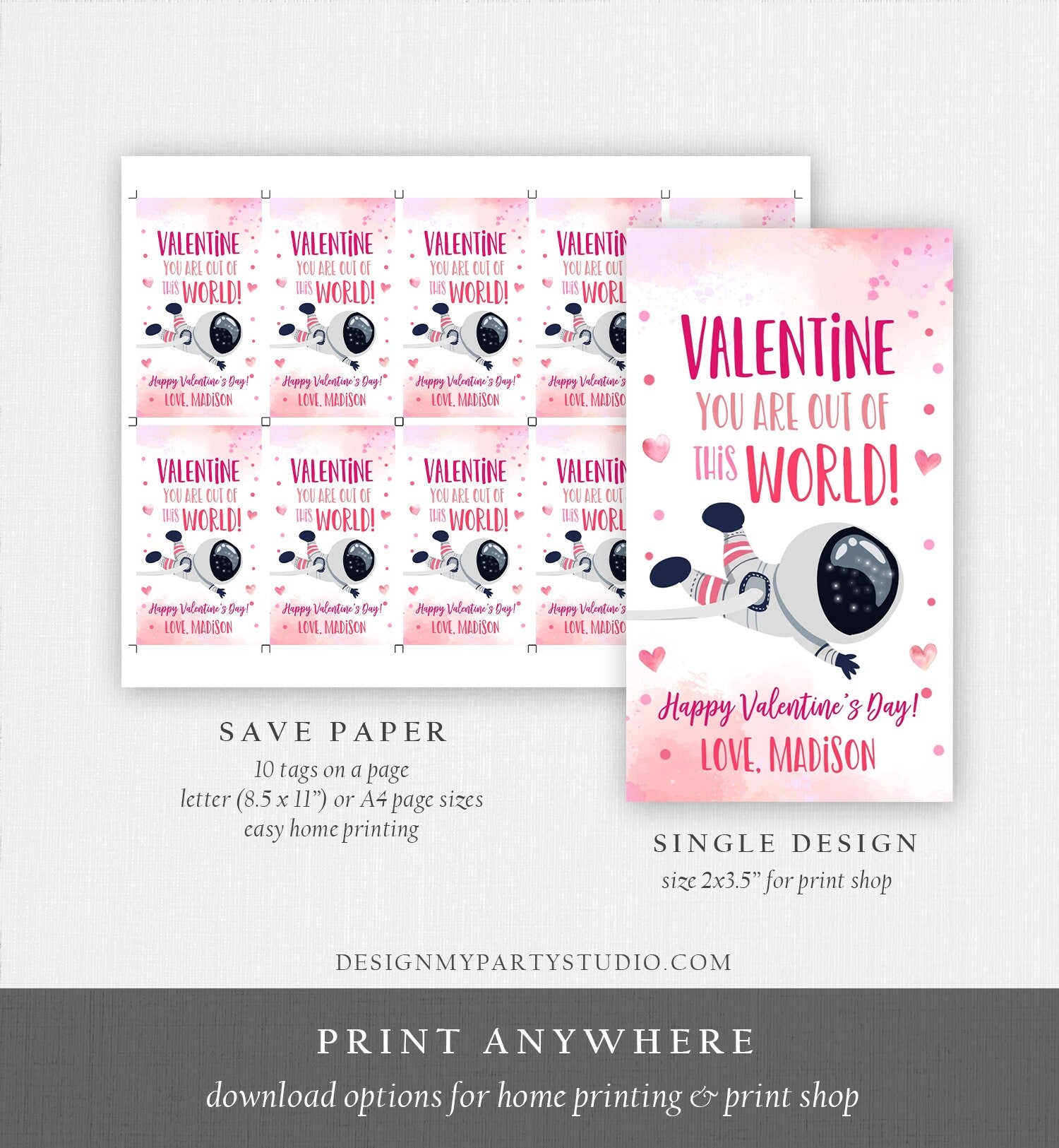 Editable Valentine You Are Out Of This World Favor Tag Thank You Space Astronaut Space Valentine's Day Tag School Non-Candy Printable 0370