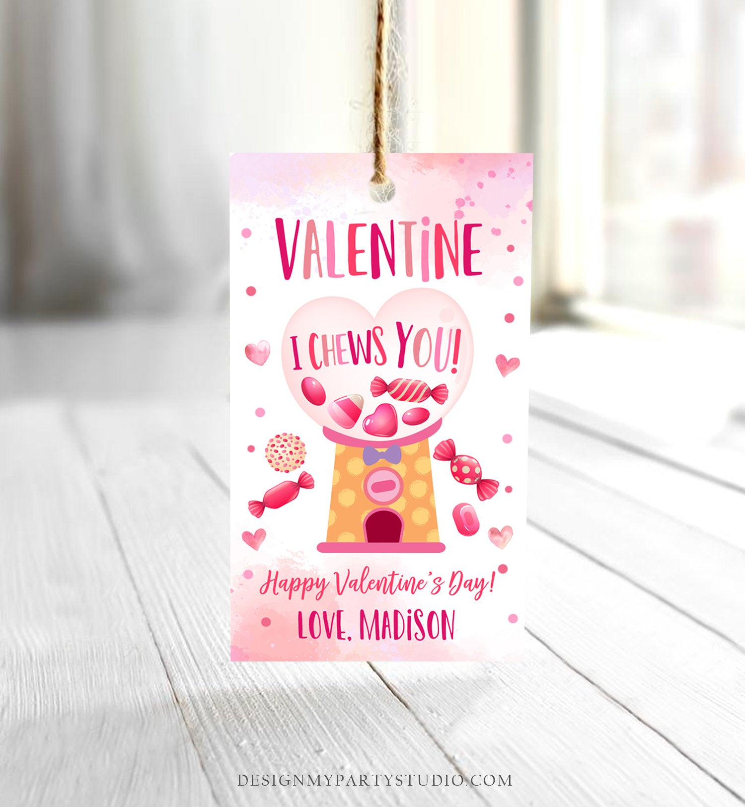 Editable Valentine Bubble Gum Favor Tag Thank You I Chews You Candy Sweet Valentine's Day School Digital Corjl Template Printable 0370