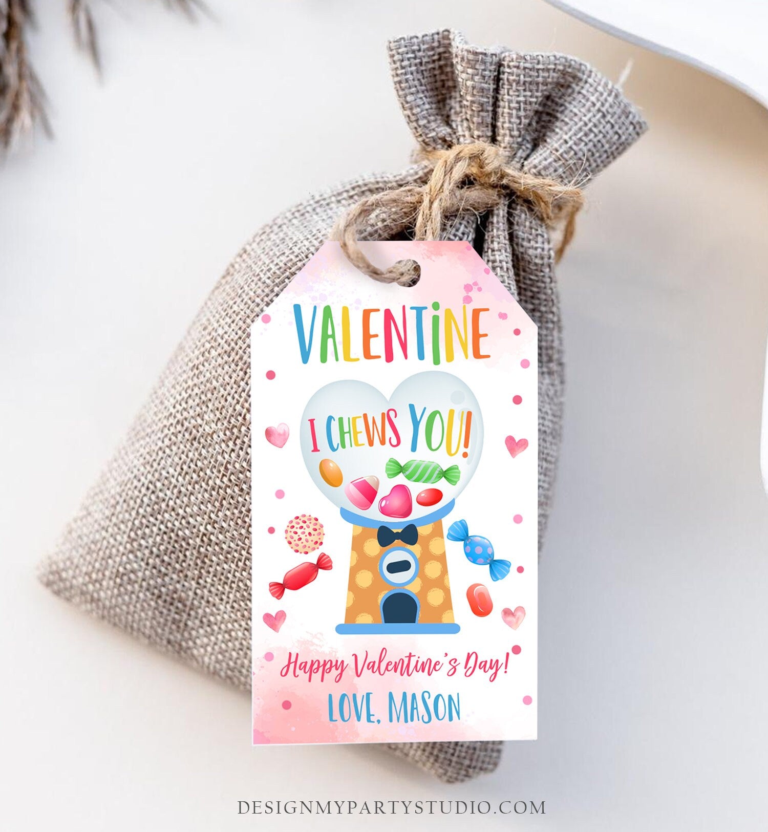 Editable Bubble Gum Valentine Favor Tag Thank You I Chews You Candy Sweet Valentine's Day School Digital Corjl Template Printable 0370