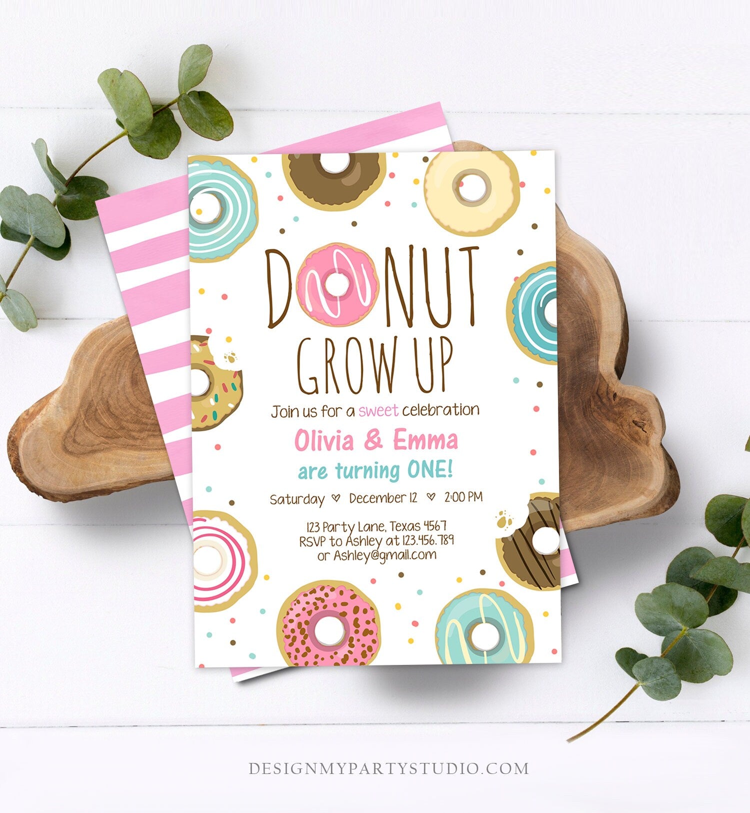 Editable Donut Grow Up Birthday Invitation Twin First Birthday Party Pink Girl Twins Doughnut Sweet Download Printable Template Corjl 0050