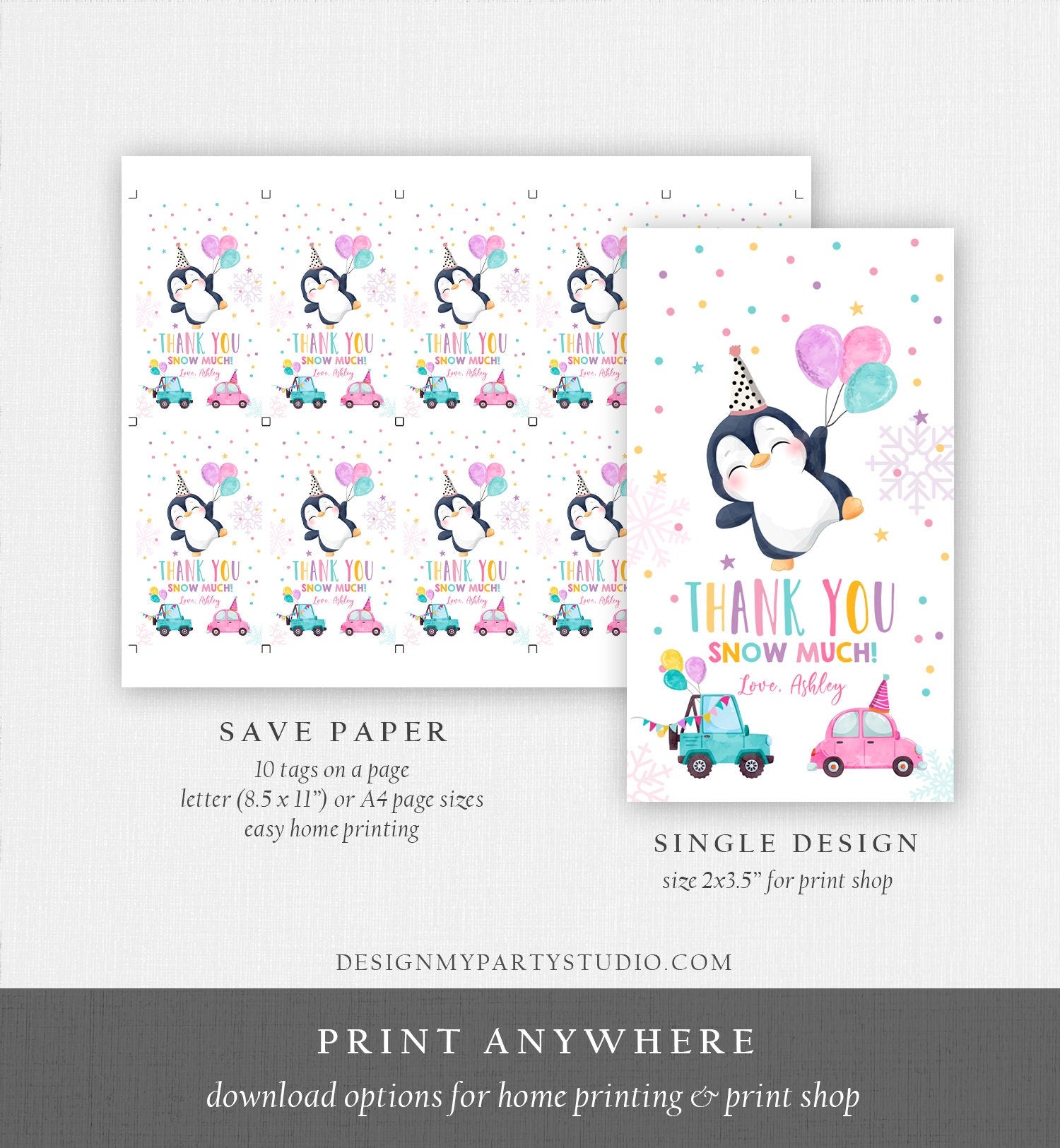 Editable Penguin Favor Tag Drive By Birthday Favors Party Parade Snow Winter Thank You Gift Tags Pink Girl Corjl Template Printable 0372