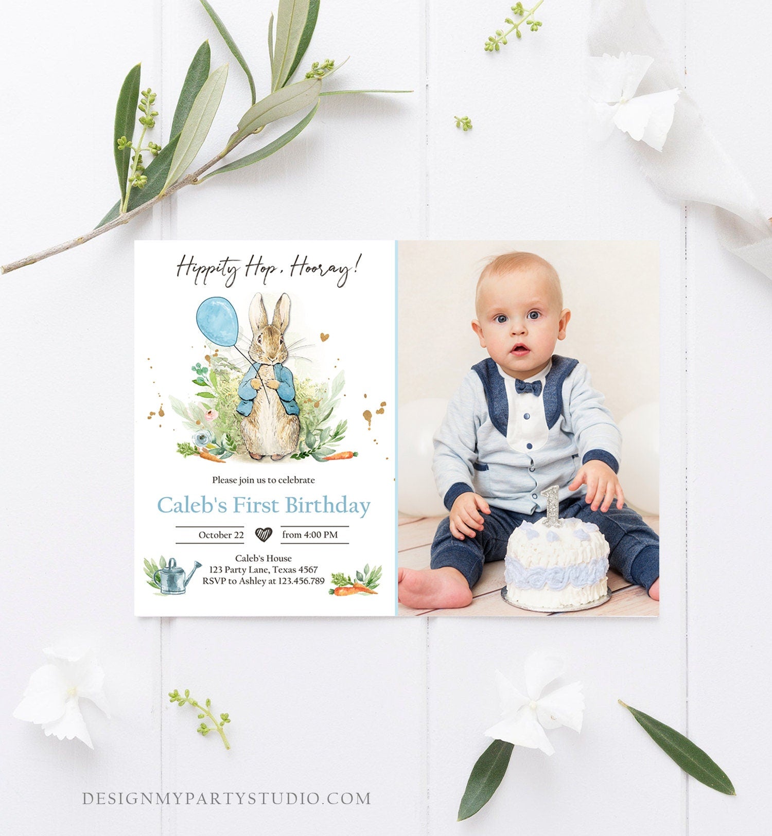 Editable Peter Rabbit Birthday Invitation Boy Blue Rustic Peter Rabbit 1st Birthday Invite Watercolor Digital Corjl Template Printable 0351