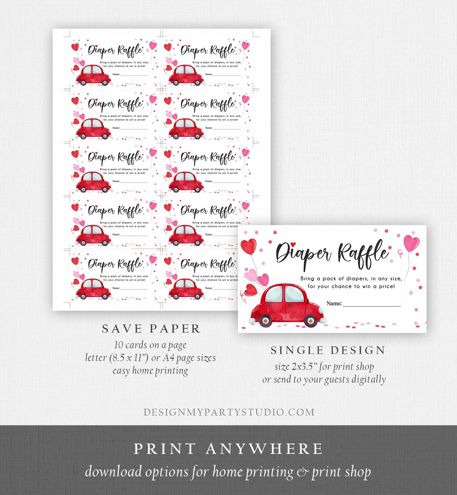 Editable Drive By Diaper Raffle Ticket Sweetheart Valentine Baby Shower Hearts Pink Girl Red Through Car Diaper Game Corjl Template 0365