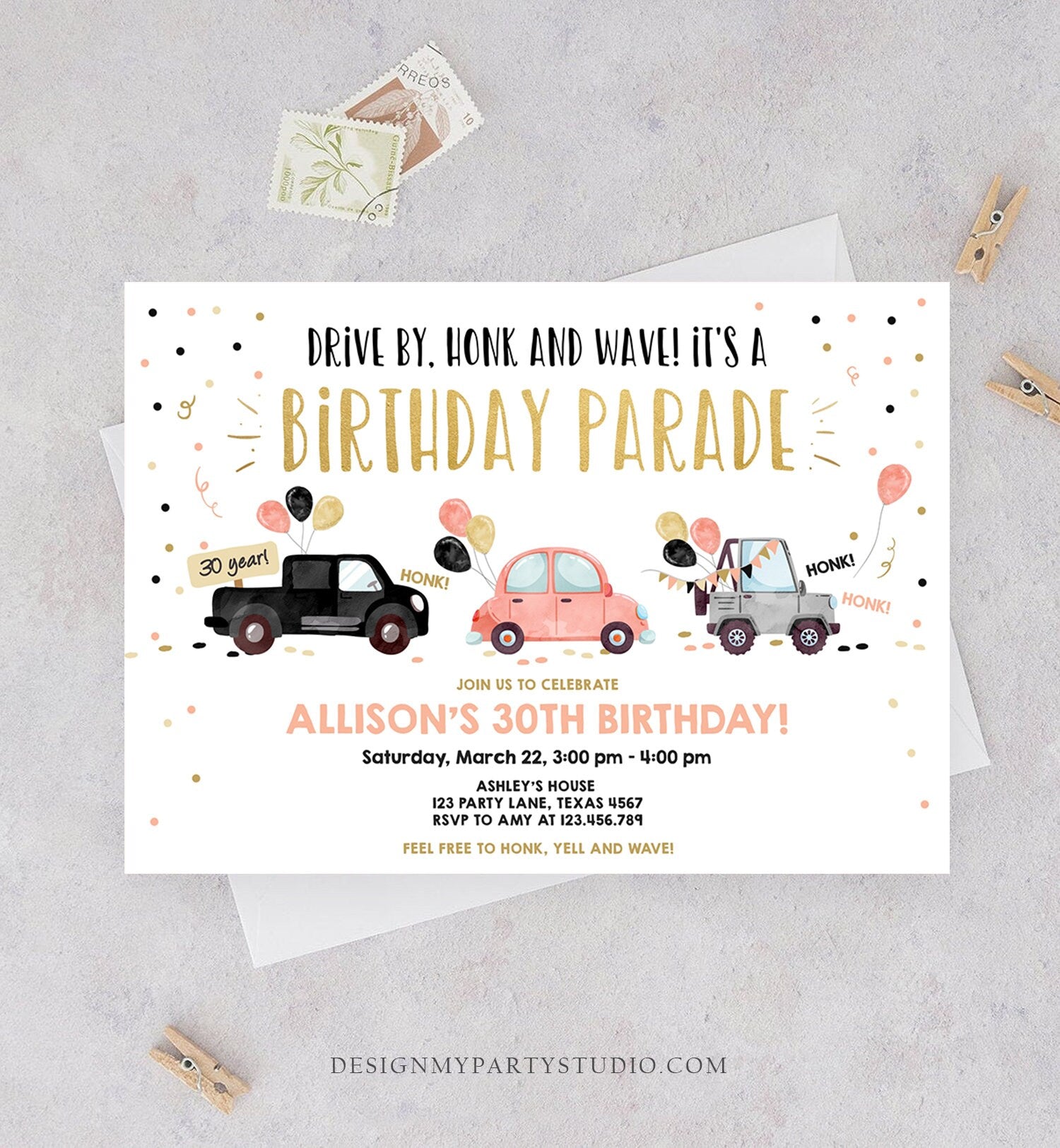 Editable Drive By Birthday Parade Invitation ANY AGE 30th Party Adult Coral Gold Girl Woman Drive Through Quarantine Digital Corjl 0337