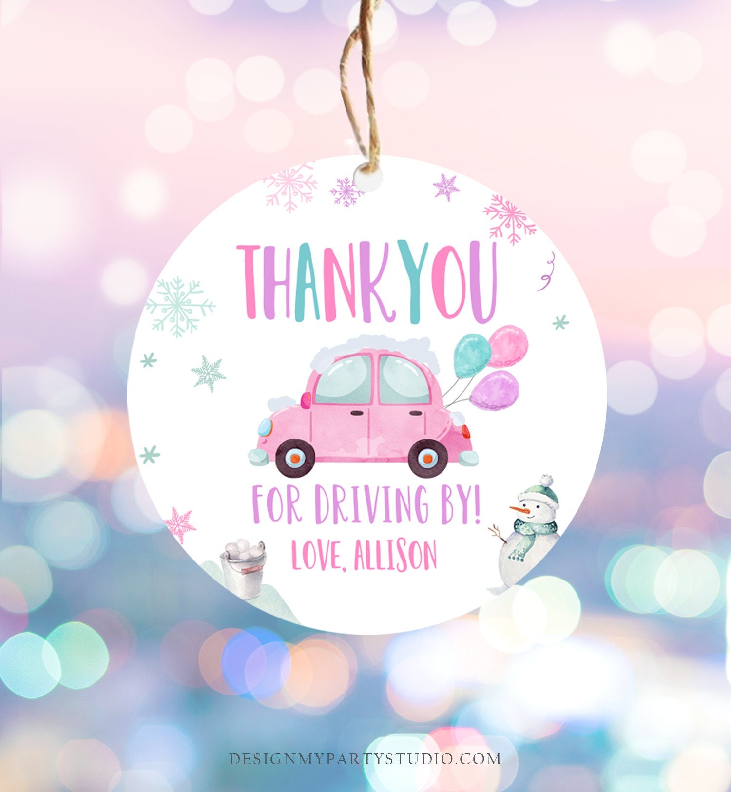 Editable Winter Drive By Favor Tag Drive By Birthday Party Parade Thank You Gift Tags Round Square Pink Girl Corjl Template Printable 0333