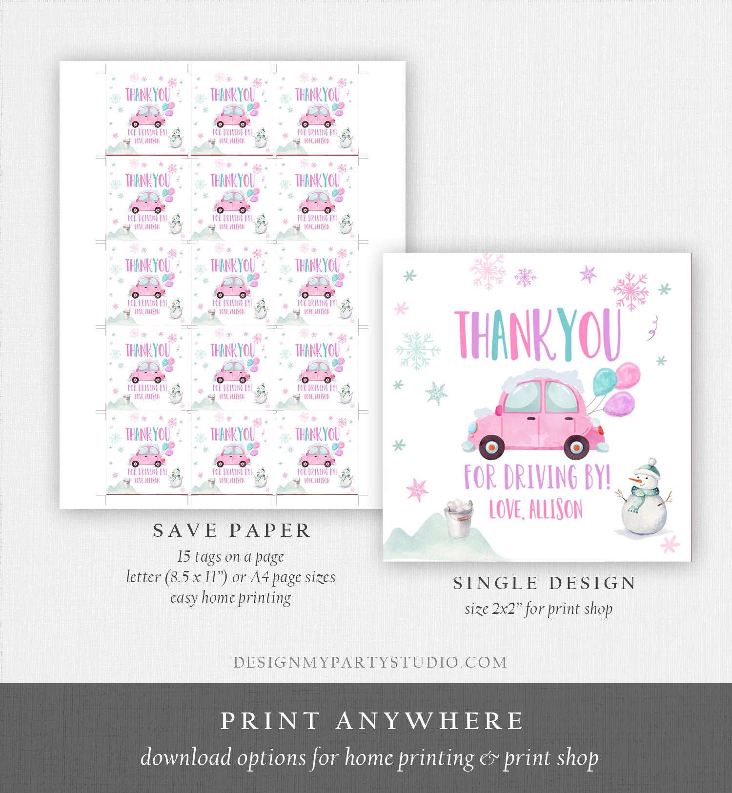 Editable Winter Drive By Favor Tag Drive By Birthday Party Parade Thank You Gift Tags Round Square Pink Girl Corjl Template Printable 0333