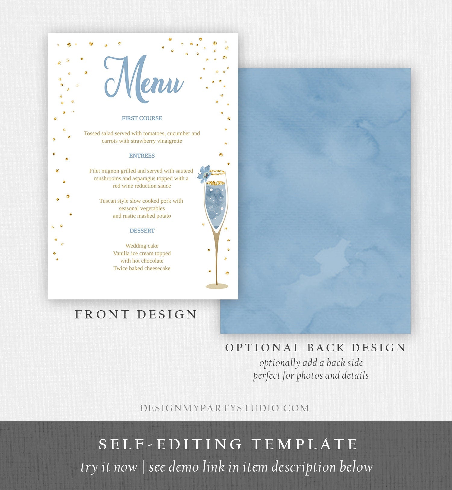 Editable Brunch and Bubbly Menu Card Bridal Shower Blue Champagne Gold Confetti Wedding Menu Floral Download Corjl Template Printable 0150