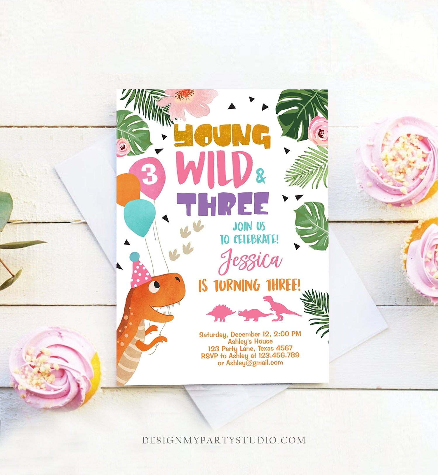 Editable Young Wild and Three Dinosaur Birthday Invitation Dinosaur Party Girl Pink Gold Third Birthday 3rd Corjl Template Digital 0074