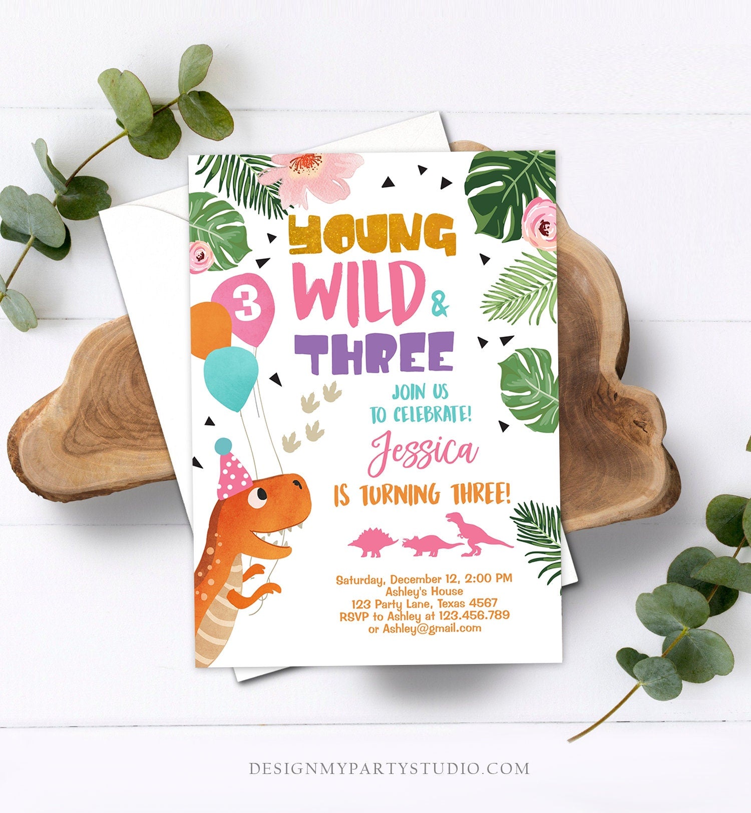 Editable Young Wild and Three Dinosaur Birthday Invitation Dinosaur Party Girl Pink Gold Third Birthday 3rd Corjl Template Digital 0074