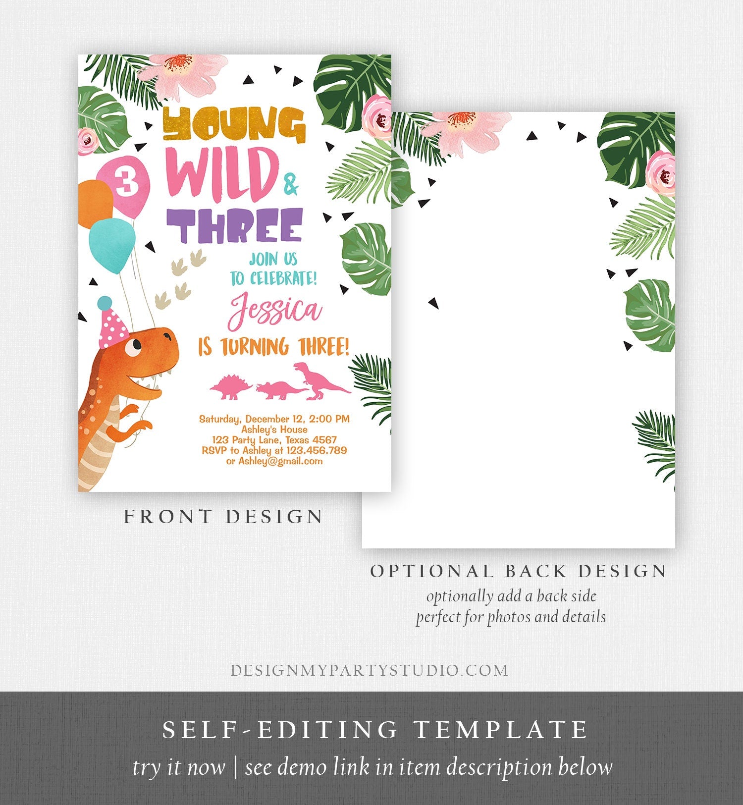 Editable Young Wild and Three Dinosaur Birthday Invitation Dinosaur Party Girl Pink Gold Third Birthday 3rd Corjl Template Digital 0074