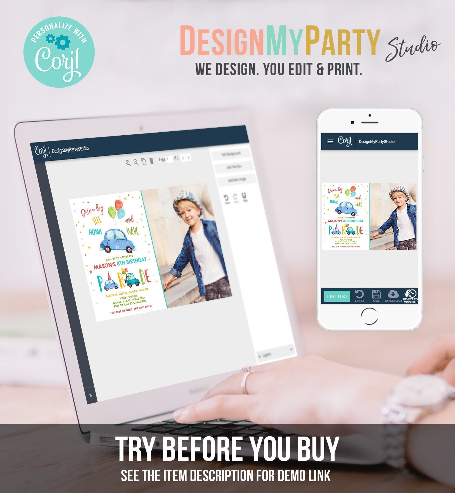 Editable Drive By Birthday Parade Invitation Balloons Rainbow Party Honk Wave Car Boy Blue Drive Through Download Corjl Template 0333