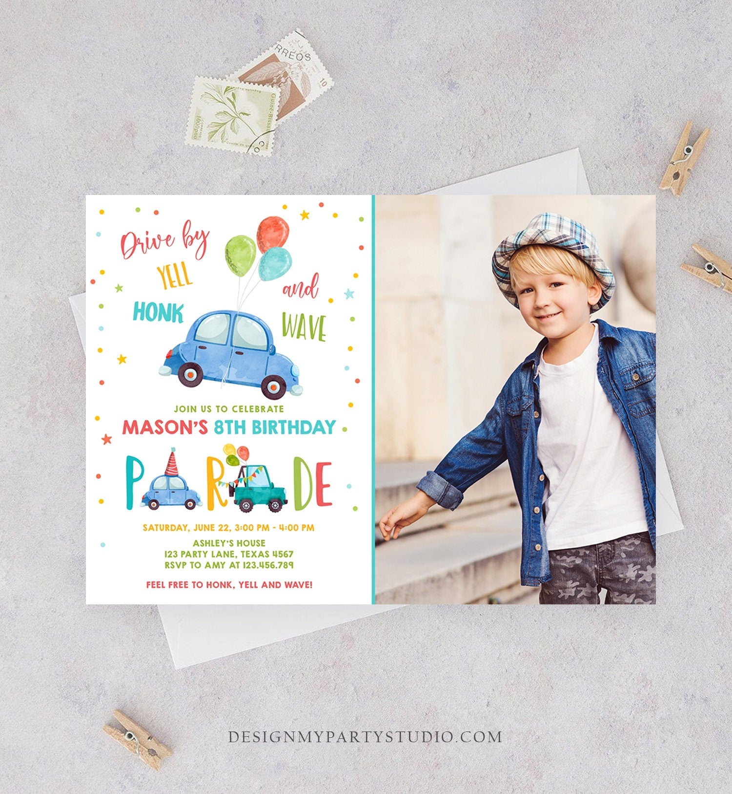 Editable Drive By Birthday Parade Invitation Balloons Rainbow Party Honk Wave Car Boy Blue Drive Through Download Corjl Template 0333