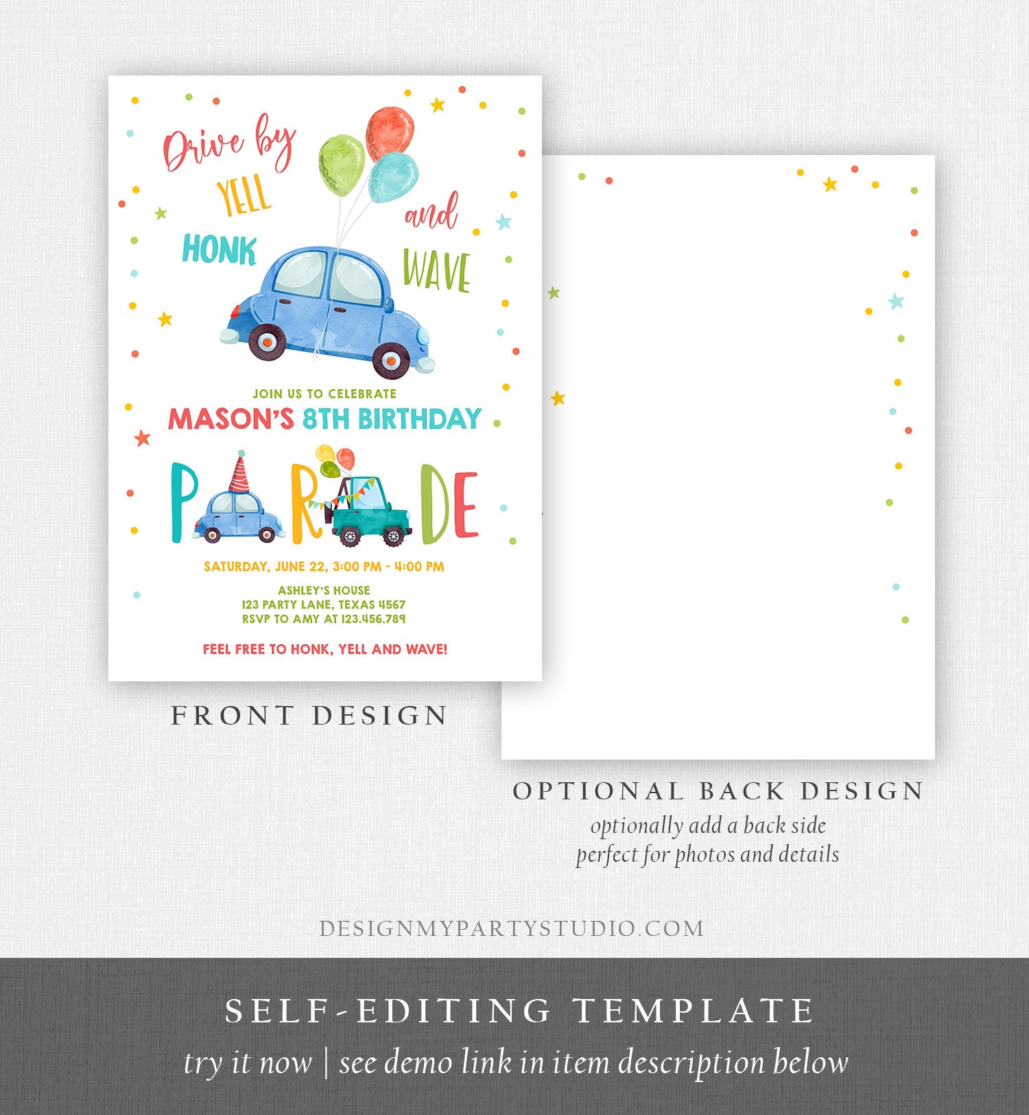 Editable Drive By Birthday Parade Invitation Balloons Rainbow Party Honk Wave Car Boy Blue Drive Through Download Corjl Template 0333