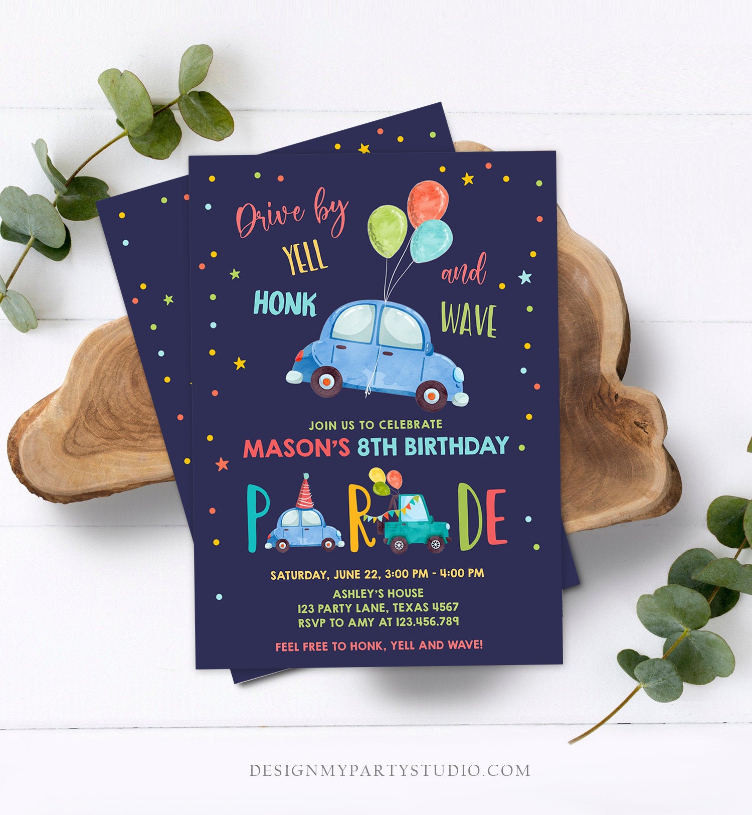 Editable Drive By Birthday Parade Invitation Balloons Rainbow Party Honk Wave Car Boy Blue Drive Through Download Corjl Template 0333