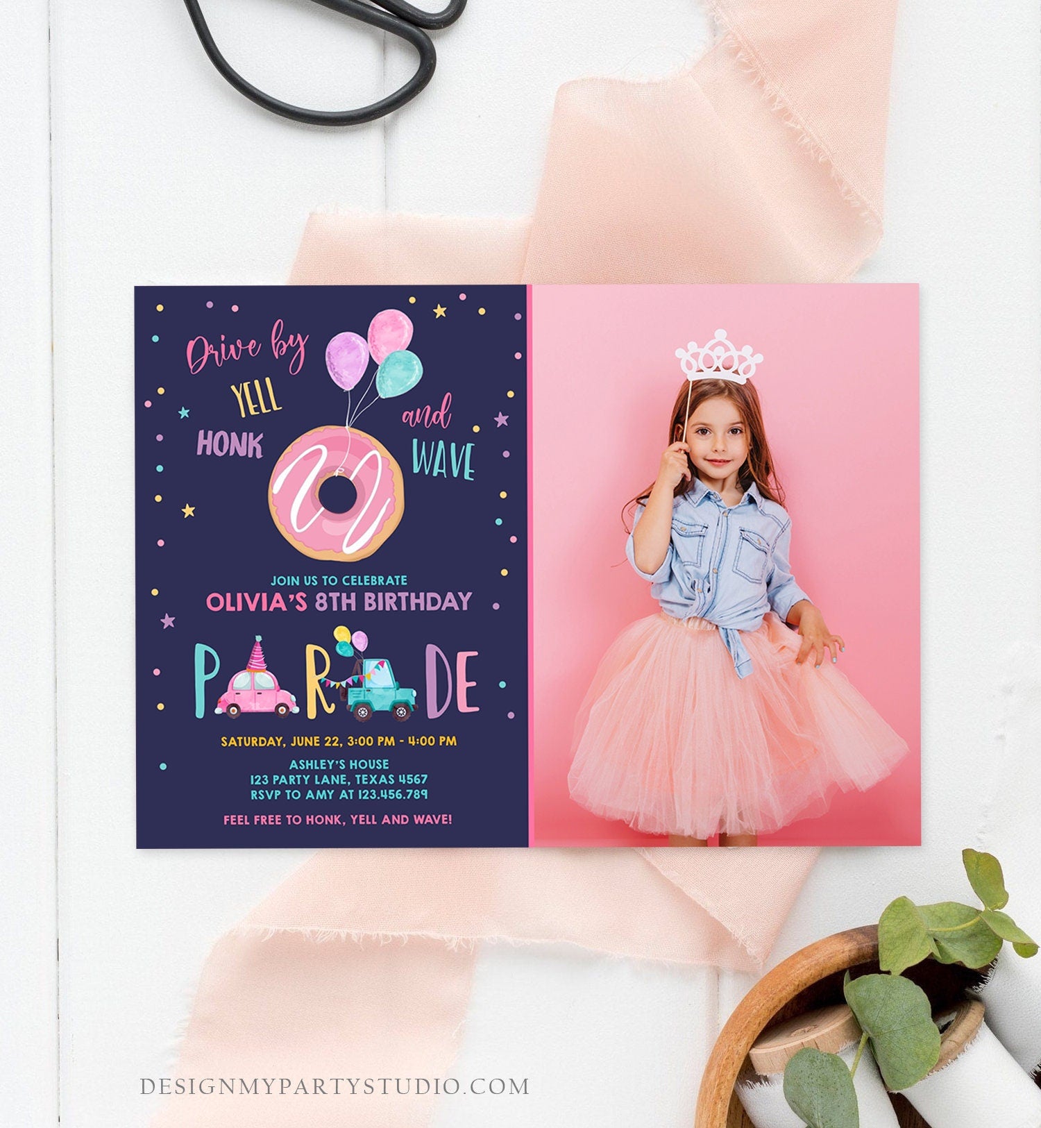Editable Donut Drive By Birthday Parade Invitation Balloons Rainbow Party Honk Wave Car Girl Pink Drive Through Download Corjl Template 0343