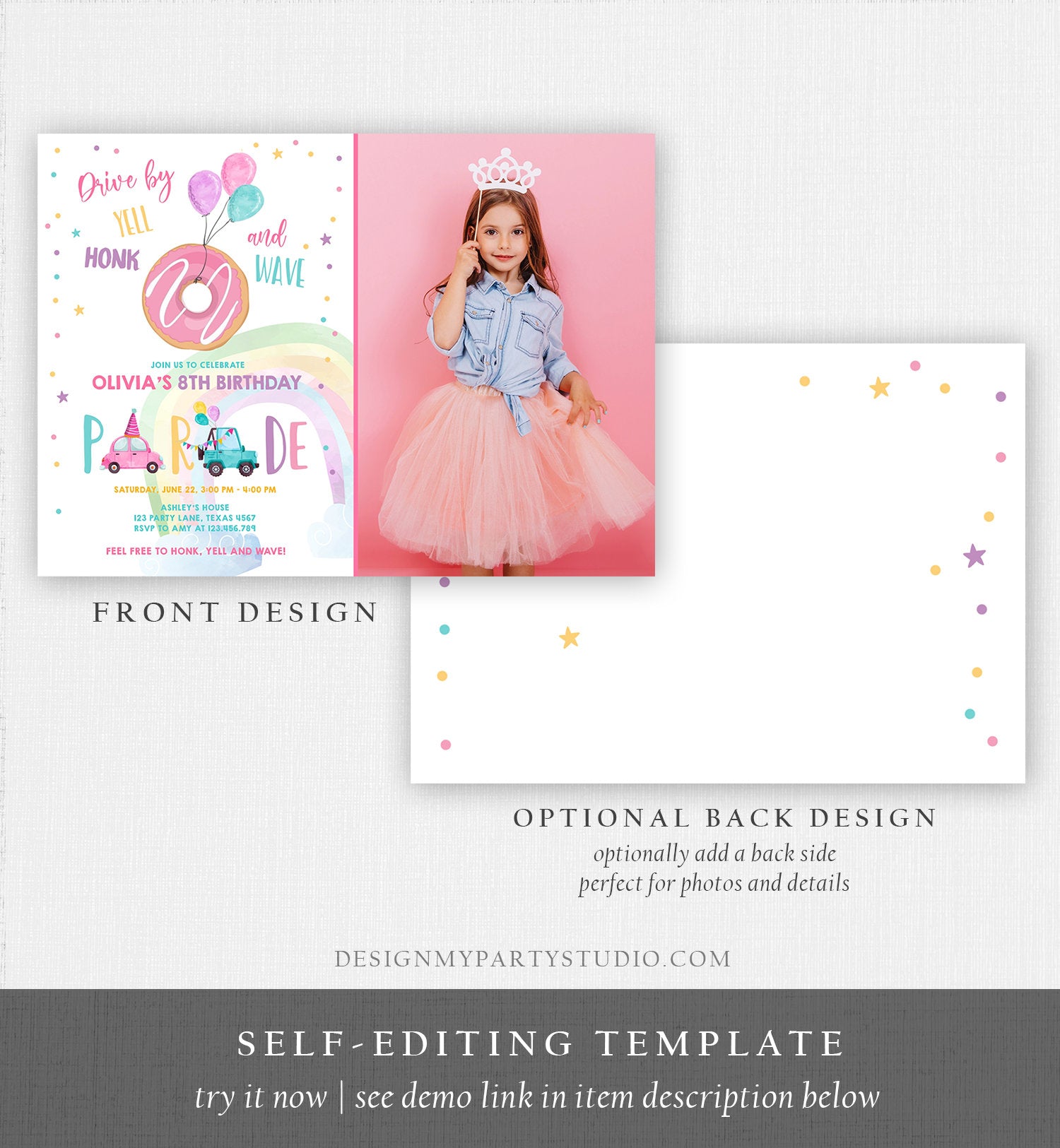 Editable Donut Drive By Birthday Parade Invitation Balloons Rainbow Party Honk Wave Car Girl Pink Drive Through Download Corjl Template 0343