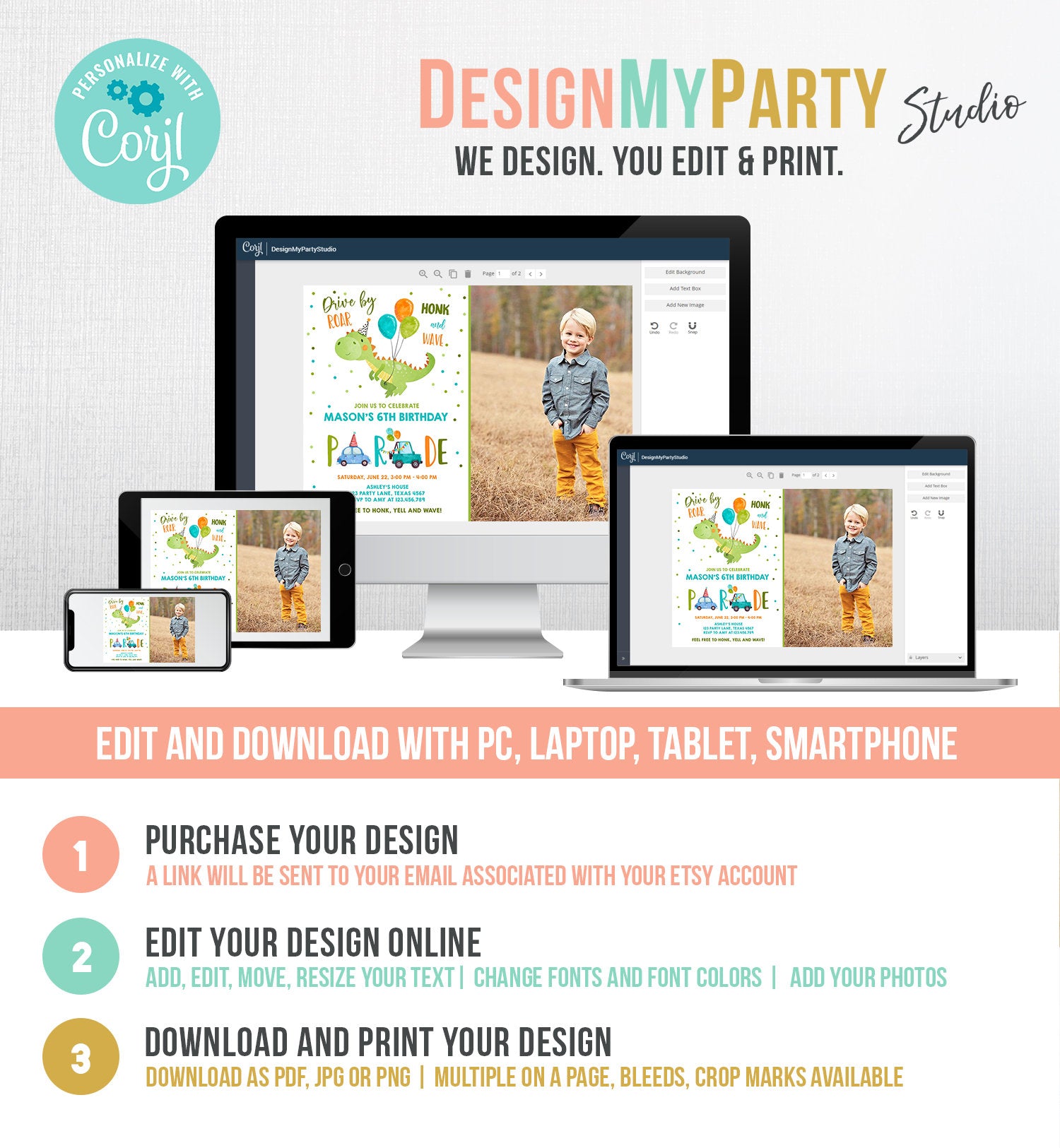 Editable Dinosaur Drive By Birthday Parade Invitation Virtual Party Invite Honk Wave Car Boy Dino Quarantine Download Digital Corjl 0340