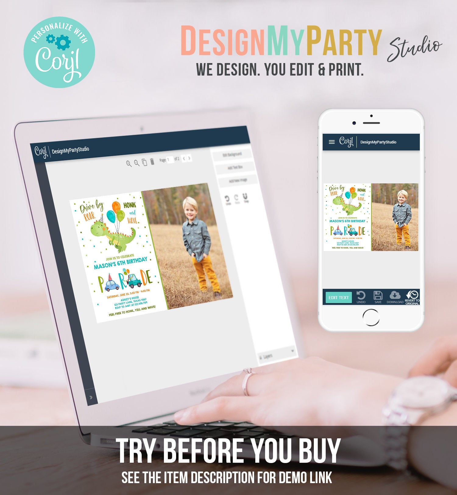 Editable Dinosaur Drive By Birthday Parade Invitation Virtual Party Invite Honk Wave Car Boy Dino Quarantine Download Digital Corjl 0340