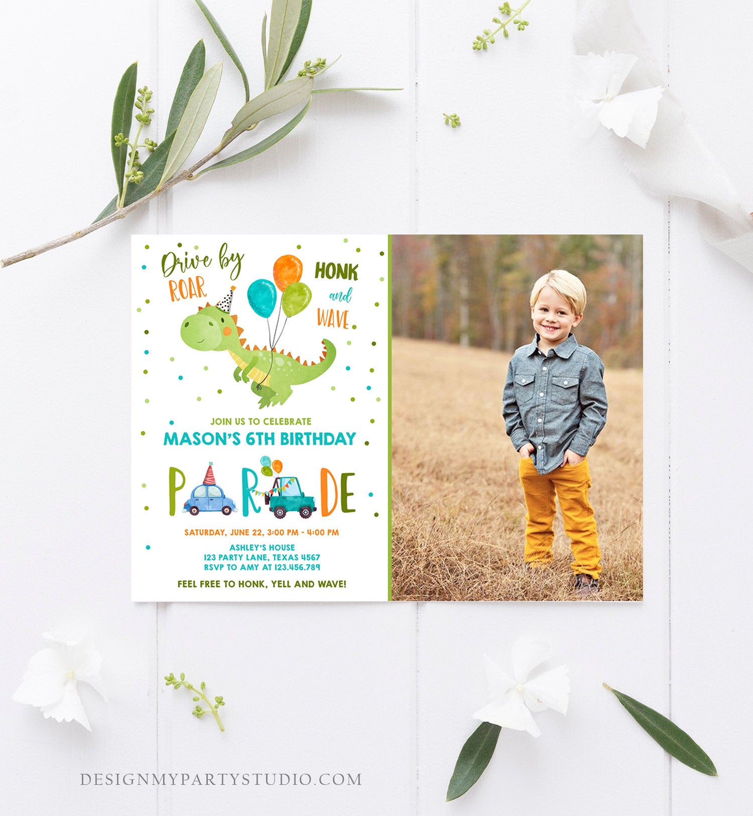 Editable Dinosaur Drive By Birthday Parade Invitation Virtual Party Invite Honk Wave Car Boy Dino Quarantine Download Digital Corjl 0340