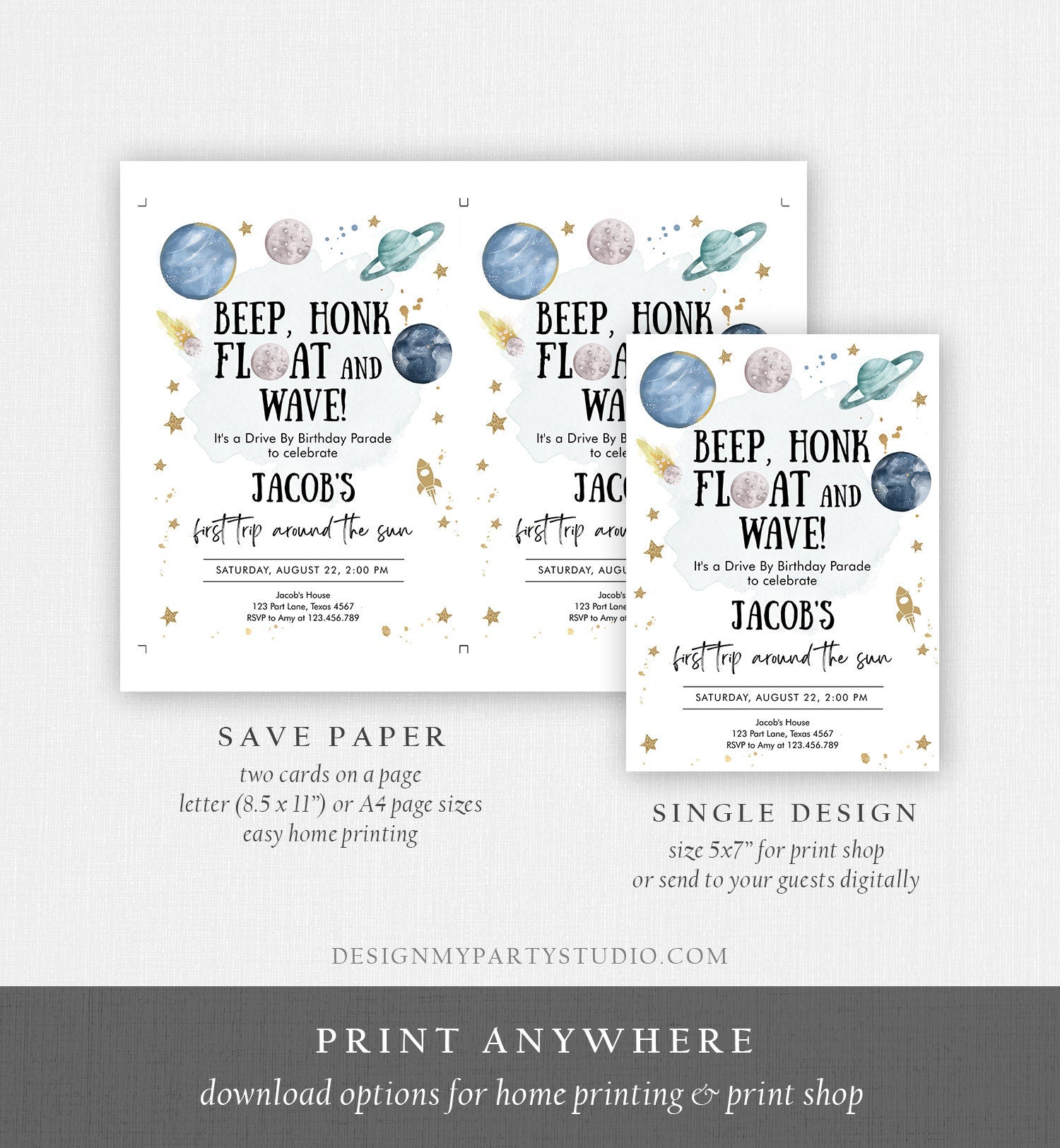 Editable Outer Space Drive By Birthday Invitation Space Galaxy Drive Through Quarantine Stars Floating By Template Corjl Printable 0357