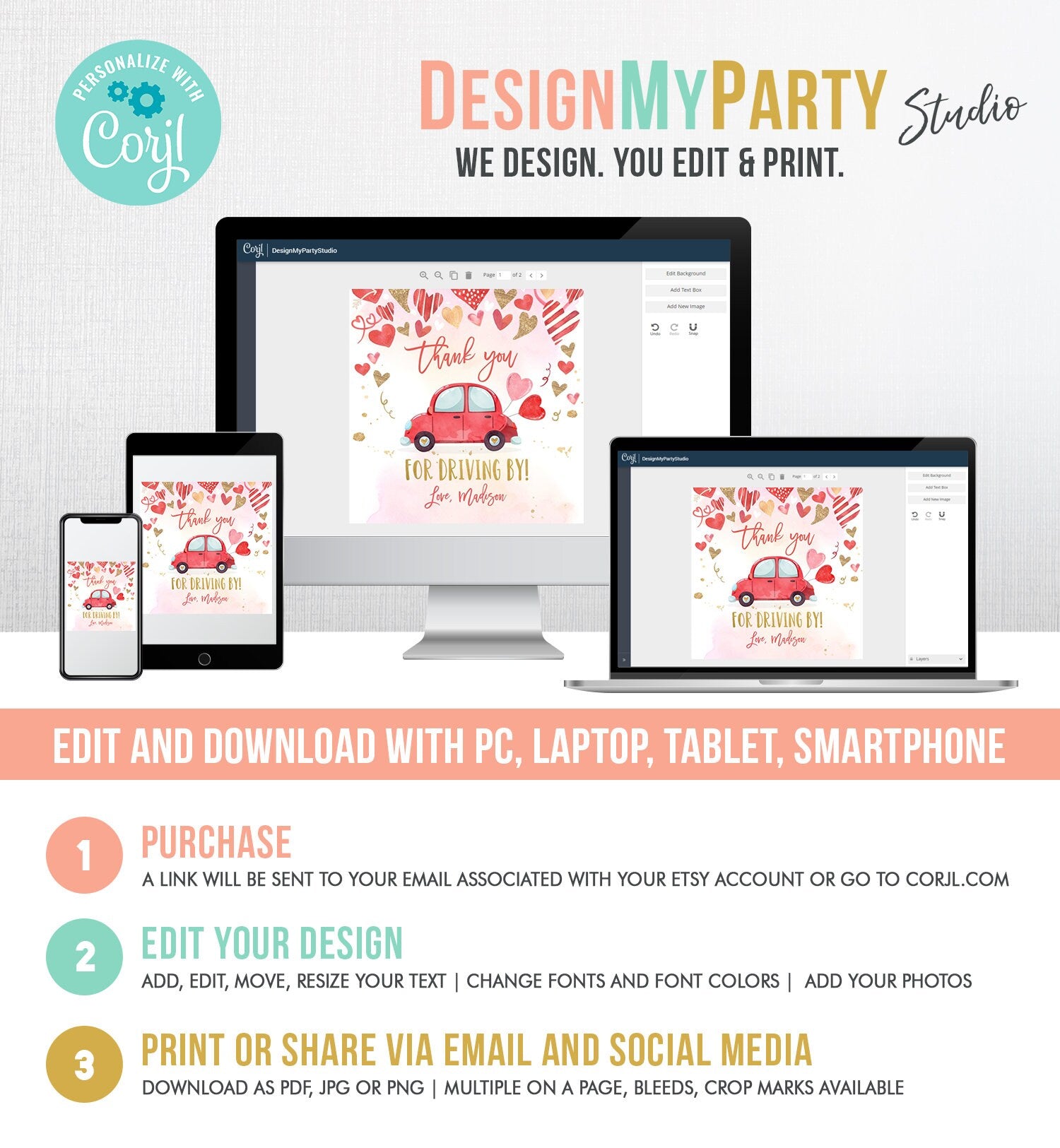 Editable Drive By Favor Tag Valentine Hearts Birthday Parade Drive Through Favors Party Thank You Red Pink Car Corjl Template Printable 0371