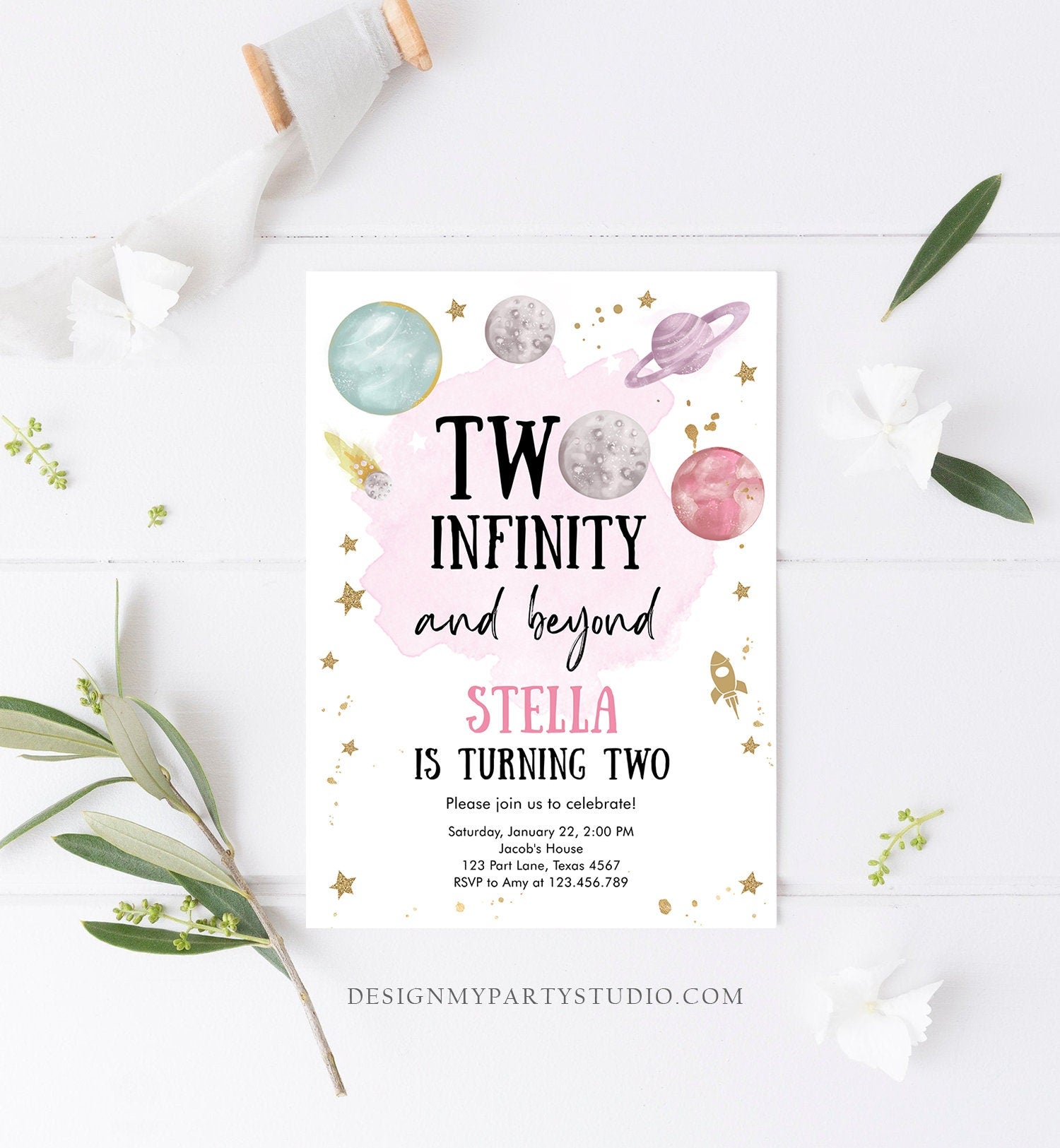 Editable Outer Space Birthday Invitation Two Infinity and Beyond Birthday Astronaut Planets Download Printable Template Digital Corjl 0357