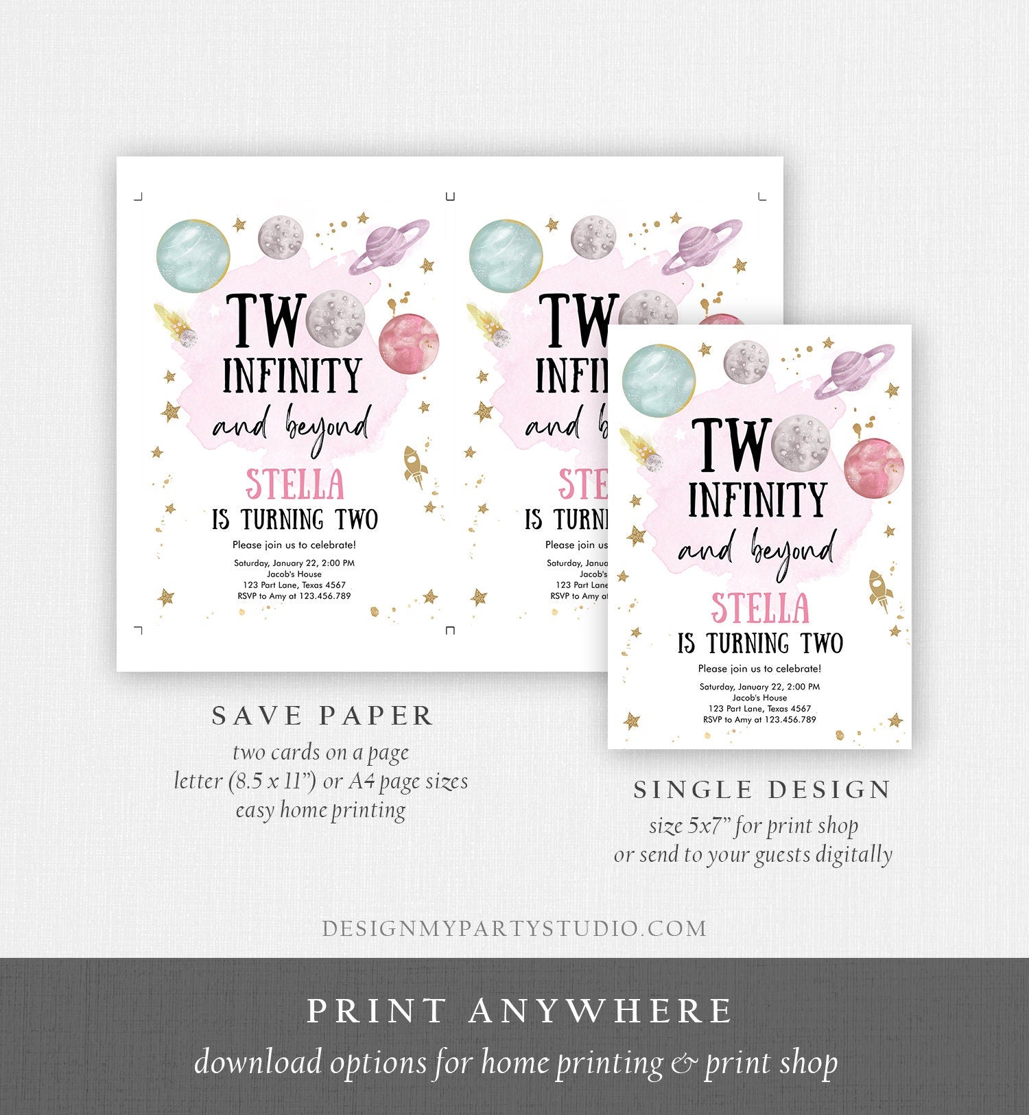 Editable Outer Space Birthday Invitation Two Infinity and Beyond Birthday Astronaut Planets Download Printable Template Digital Corjl 0357