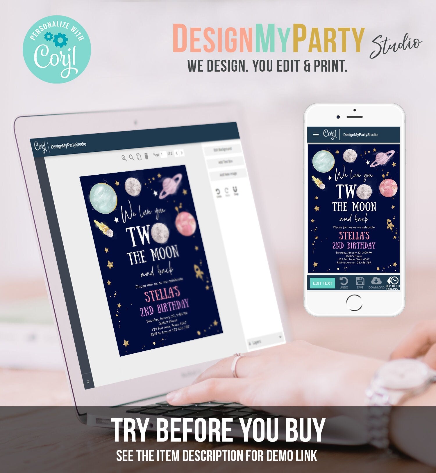 Editable Two the Moon Second Birthday Invitation Space Astronaut Love You to the Moon Galaxy 2nd Girl Printable Template Digital Corjl 0357