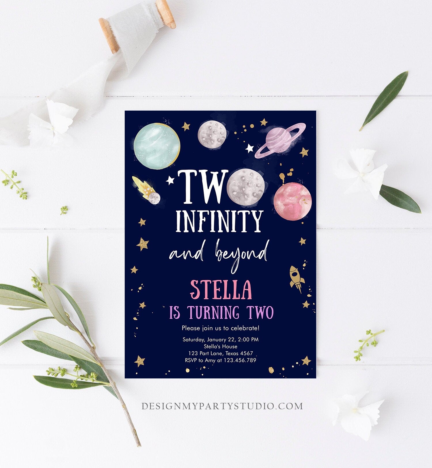 Editable Outer Space Birthday Invitation Two Infinity and Beyond Birthday Astronaut Planets Download Printable Template Digital Corjl 0357
