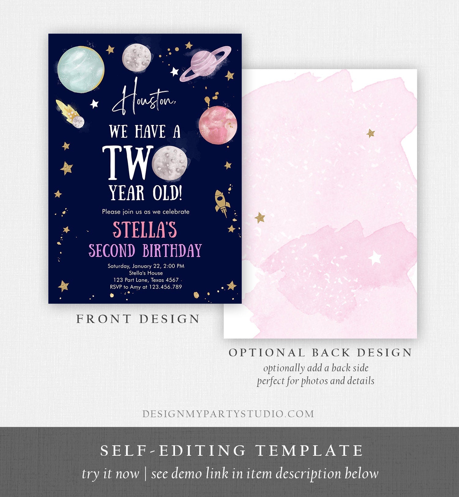Editable Outer Space Second Birthday Invitation Galaxy Houston Two Year Old 2nd Birthday Girl Download Printable Template Digital Corjl 0357