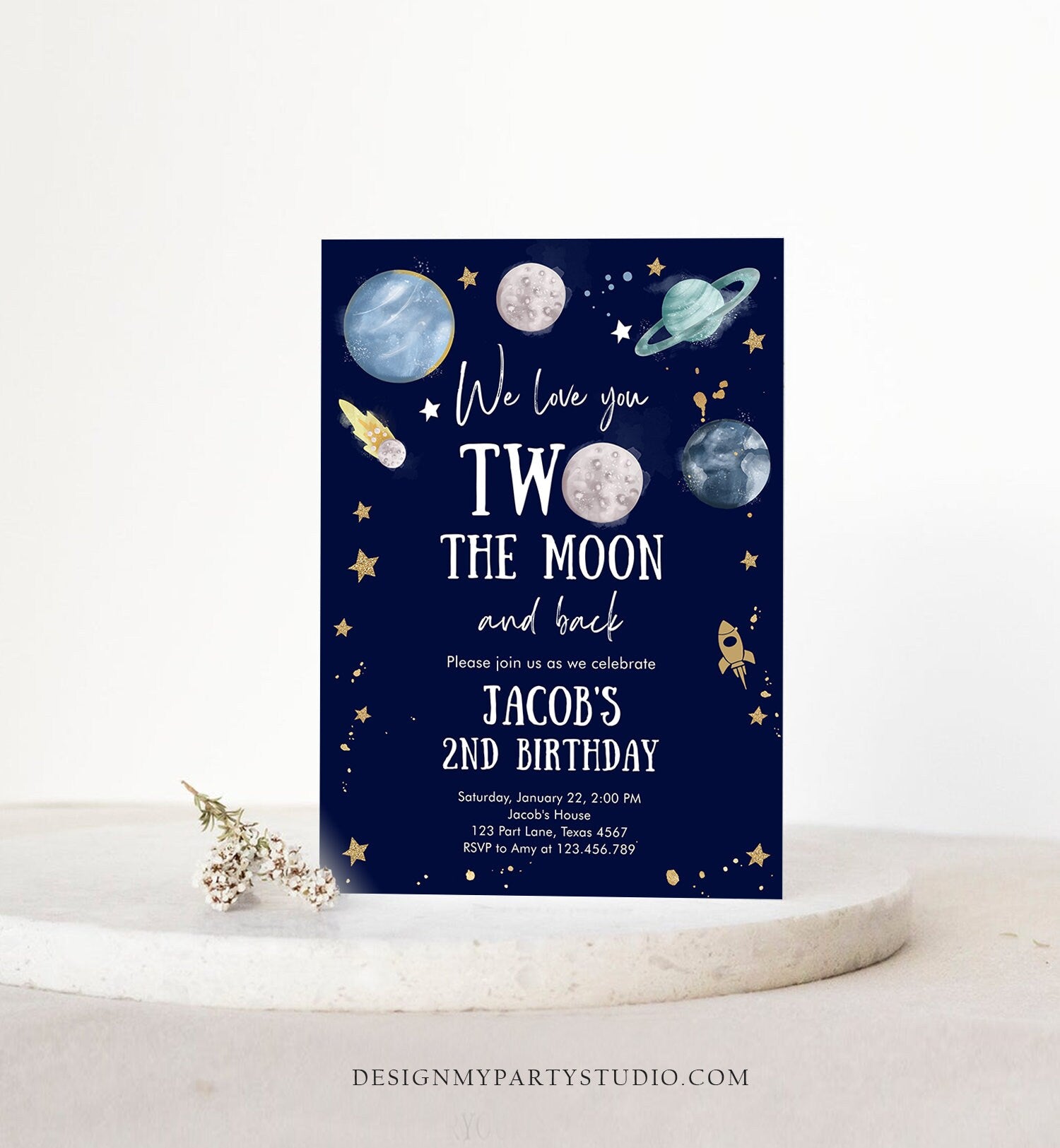 Editable Two the Moon Second Birthday Invitation Space Astronaut Love You to the Moon Galaxy 2nd Boy Printable Template Digital Corjl 0357