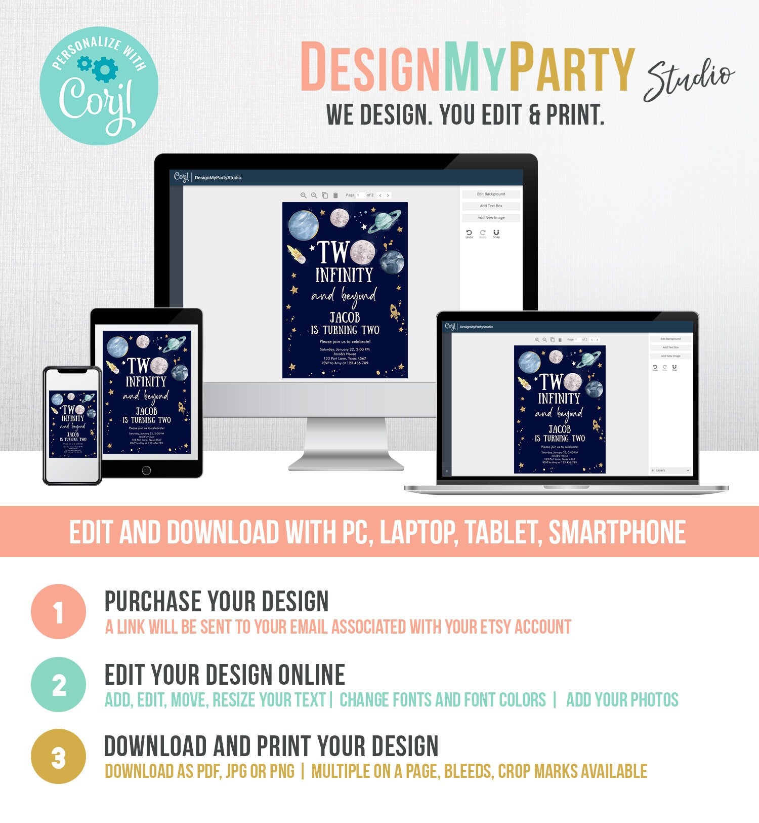 Editable Outer Space Birthday Invitation Two Infinity and Beyond Birthday Astronaut Planets Download Printable Template Digital Corjl 0357