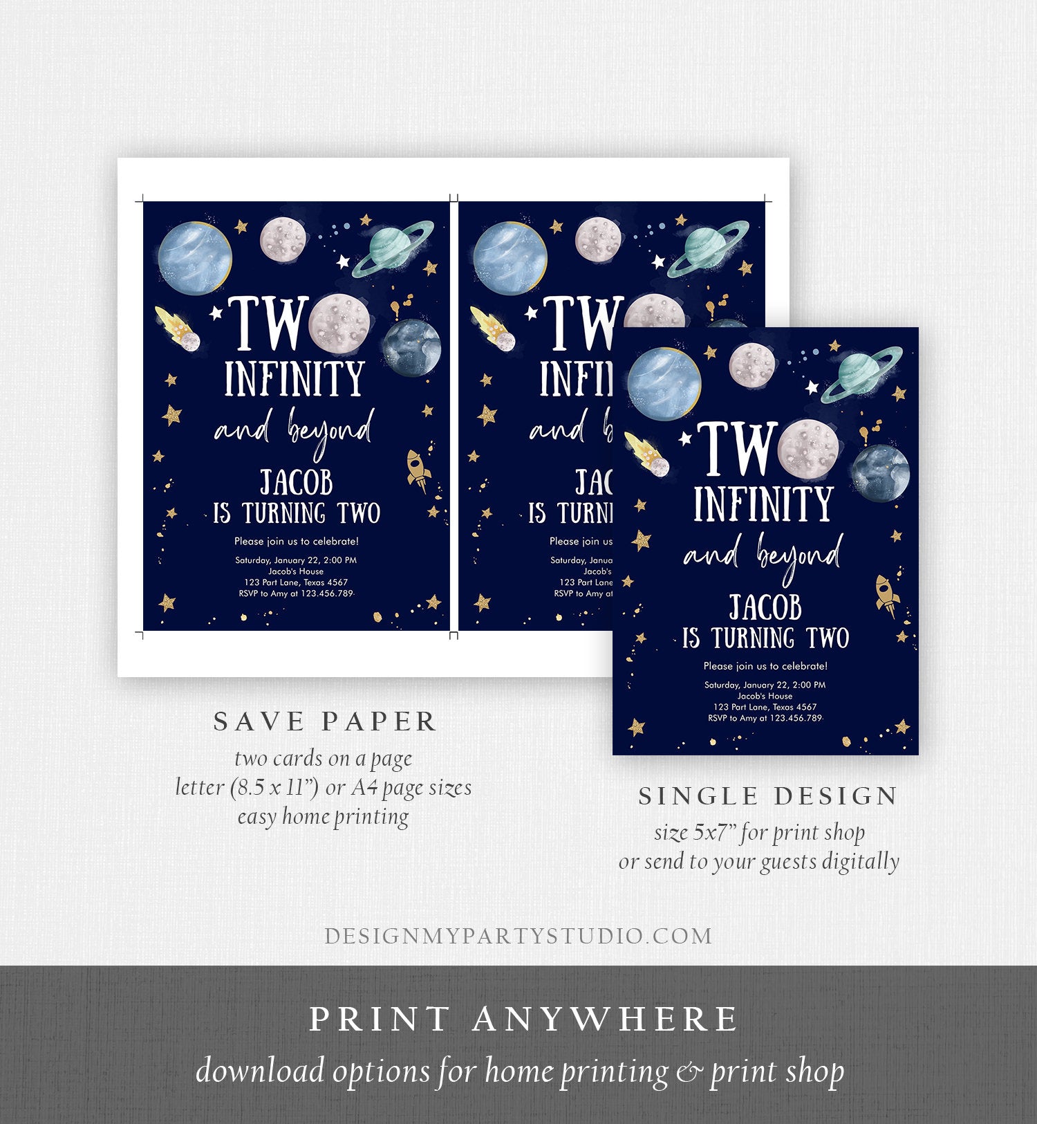 Editable Outer Space Birthday Invitation Two Infinity and Beyond Birthday Astronaut Planets Download Printable Template Digital Corjl 0357