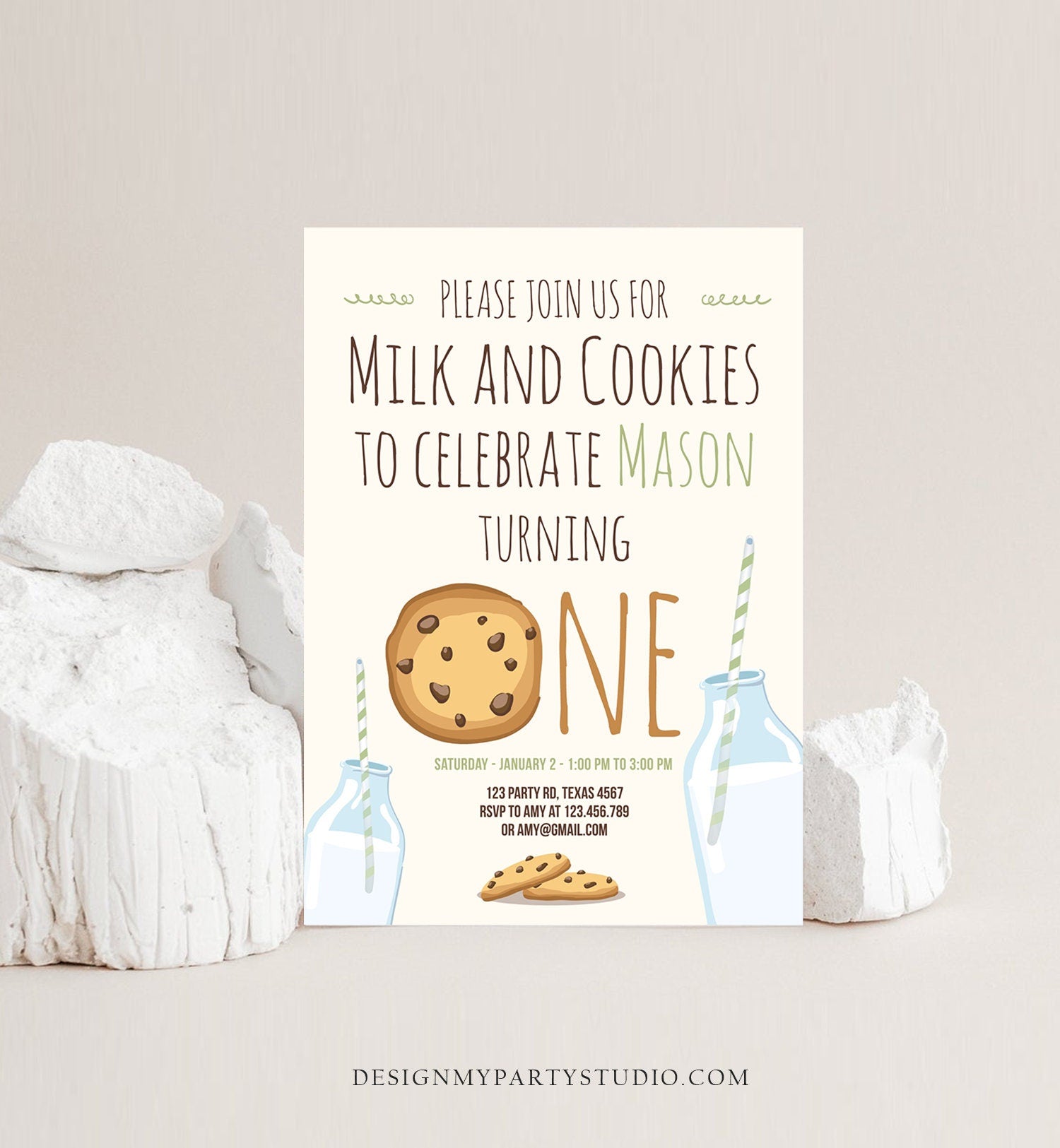 Editable Milk and Cookies Birthday Invitation Milk & Cookies Party 1st Birthday First Birthday Mint Green Boy Printable Template Corjl 0088