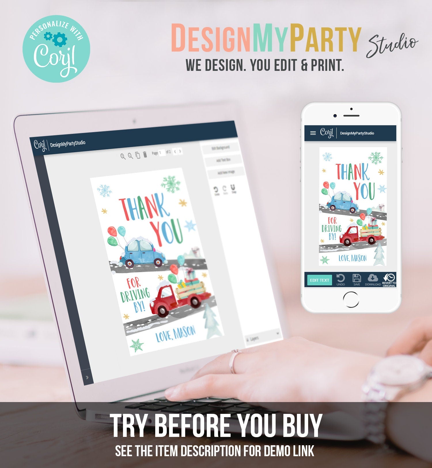 Editable Winter Drive By Favor Tag Drive By Birthday Party Parade Thank You Gift Tags Round Square Blue Boy Corjl Template Printable 0333
