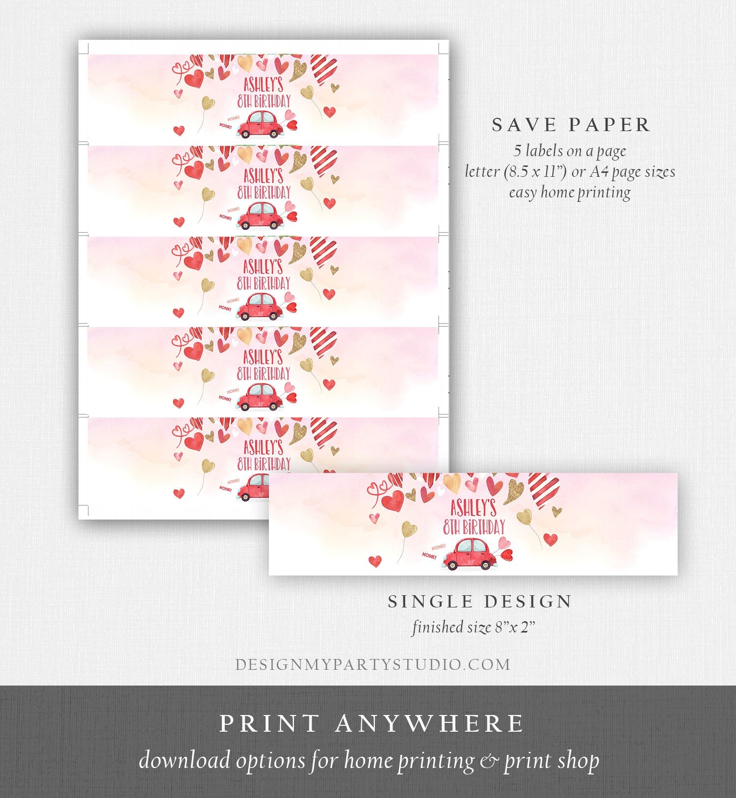 Editable Water Bottle Labels Drive By Valentine Birthday Baby Shower Decor Sweetheart Hearts Car Pink Red Gold Template Corjl Printable 0371