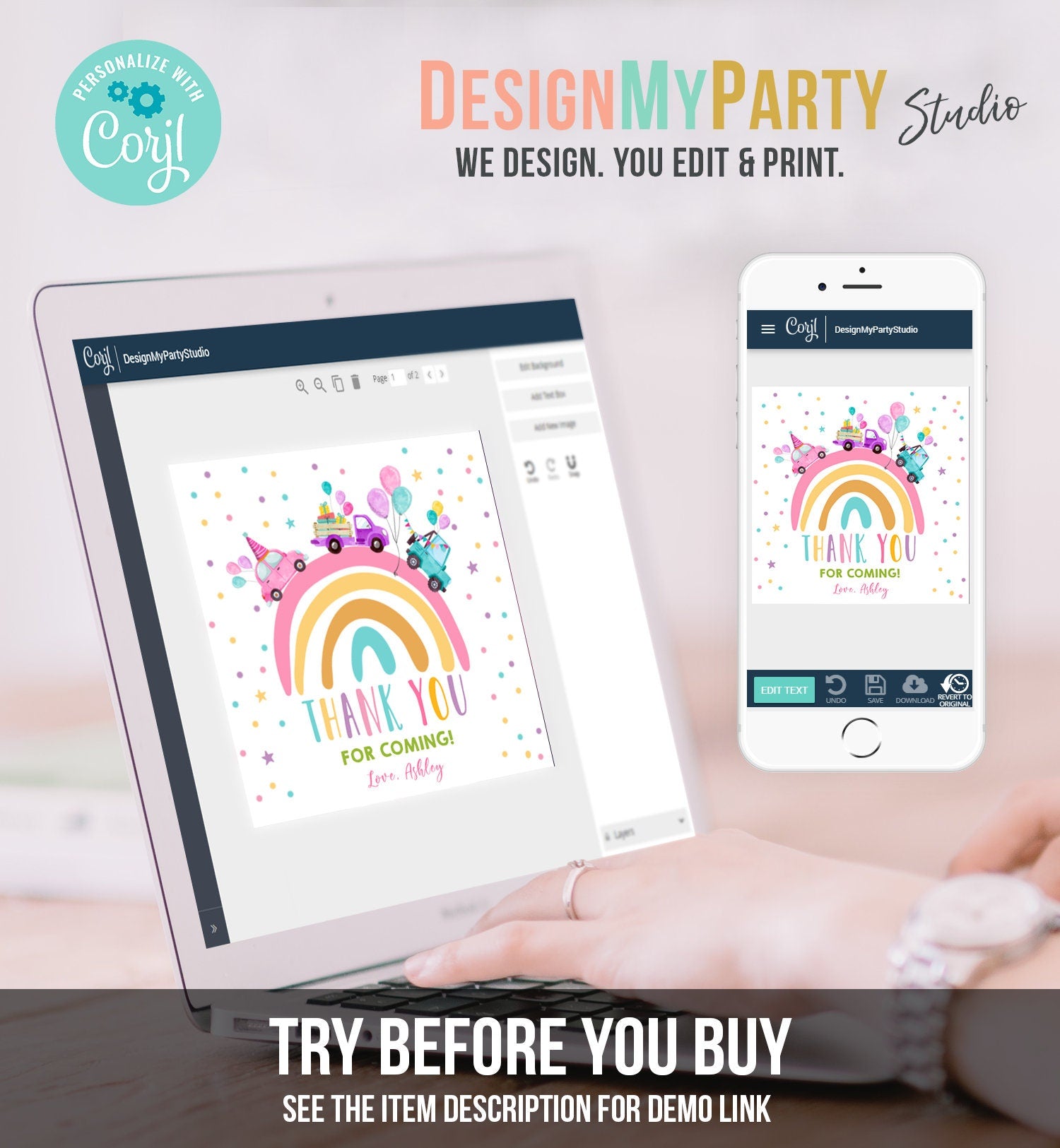 Editable Rainbow Favor Tag Drive By Birthday Favors Party Parade Magical Rainbow Thank You Gift Tags Pink Girl Corjl Template Printable 0333