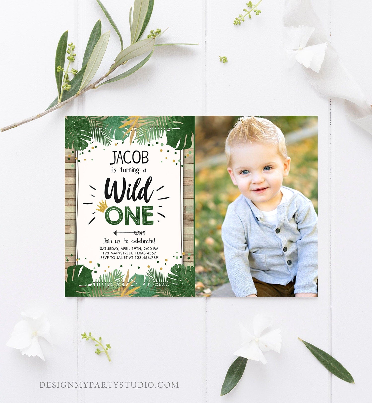 Editable Wild One Birthday Invitation Safari Jungle Boy Gold First Birthday 1st Wood Leaves Tropical Download Corjl Template Printable 0332