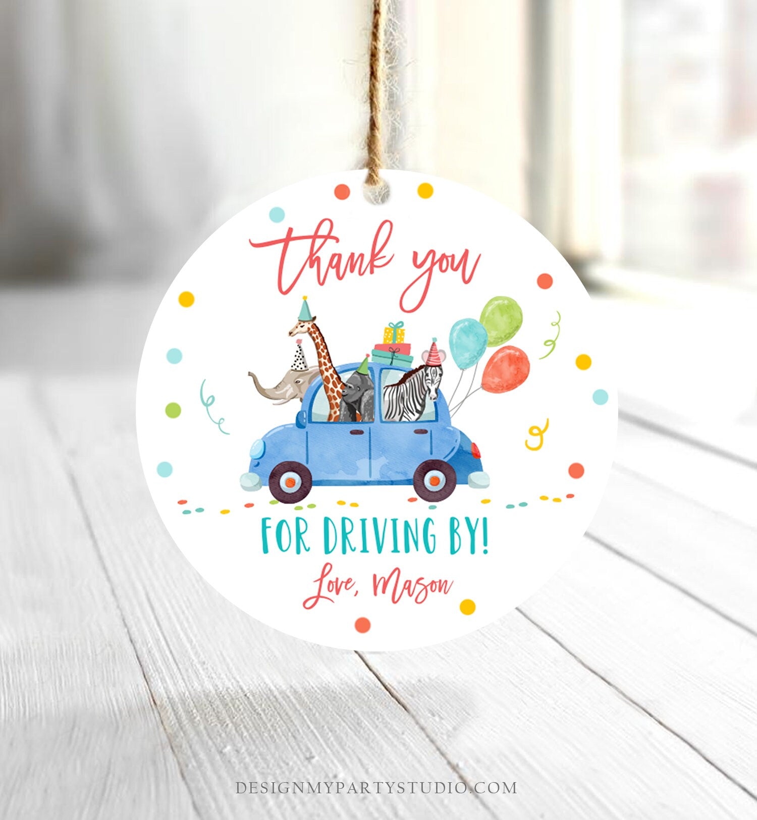 Editable Drive By Favor Tag Safari Animals Birthday Party Parade Thank You Gift Quarantine Blue Car Boy Round Square Corjl Template 0333