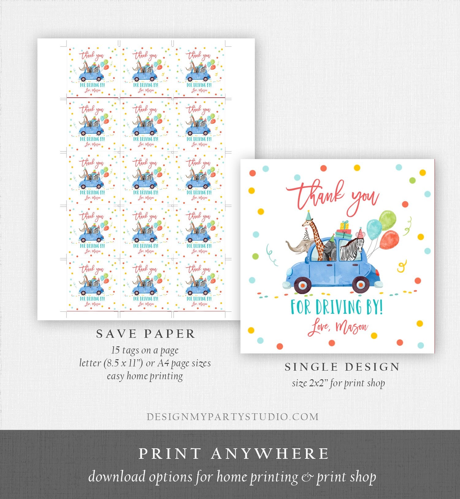 Editable Drive By Favor Tag Safari Animals Birthday Party Parade Thank You Gift Quarantine Blue Car Boy Round Square Corjl Template 0333