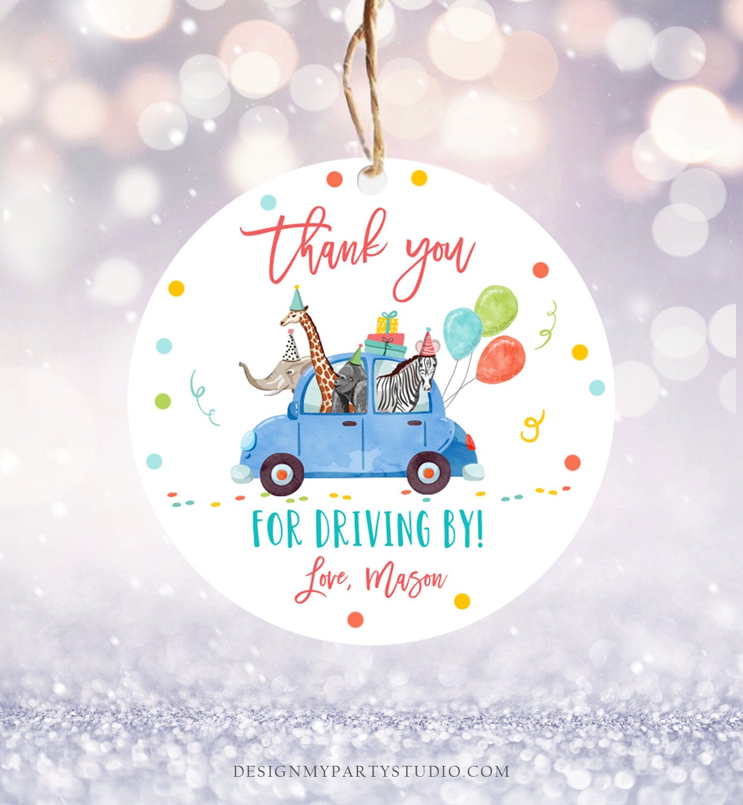 Editable Drive By Favor Tag Safari Animals Birthday Party Parade Thank You Gift Quarantine Blue Car Boy Round Square Corjl Template 0333