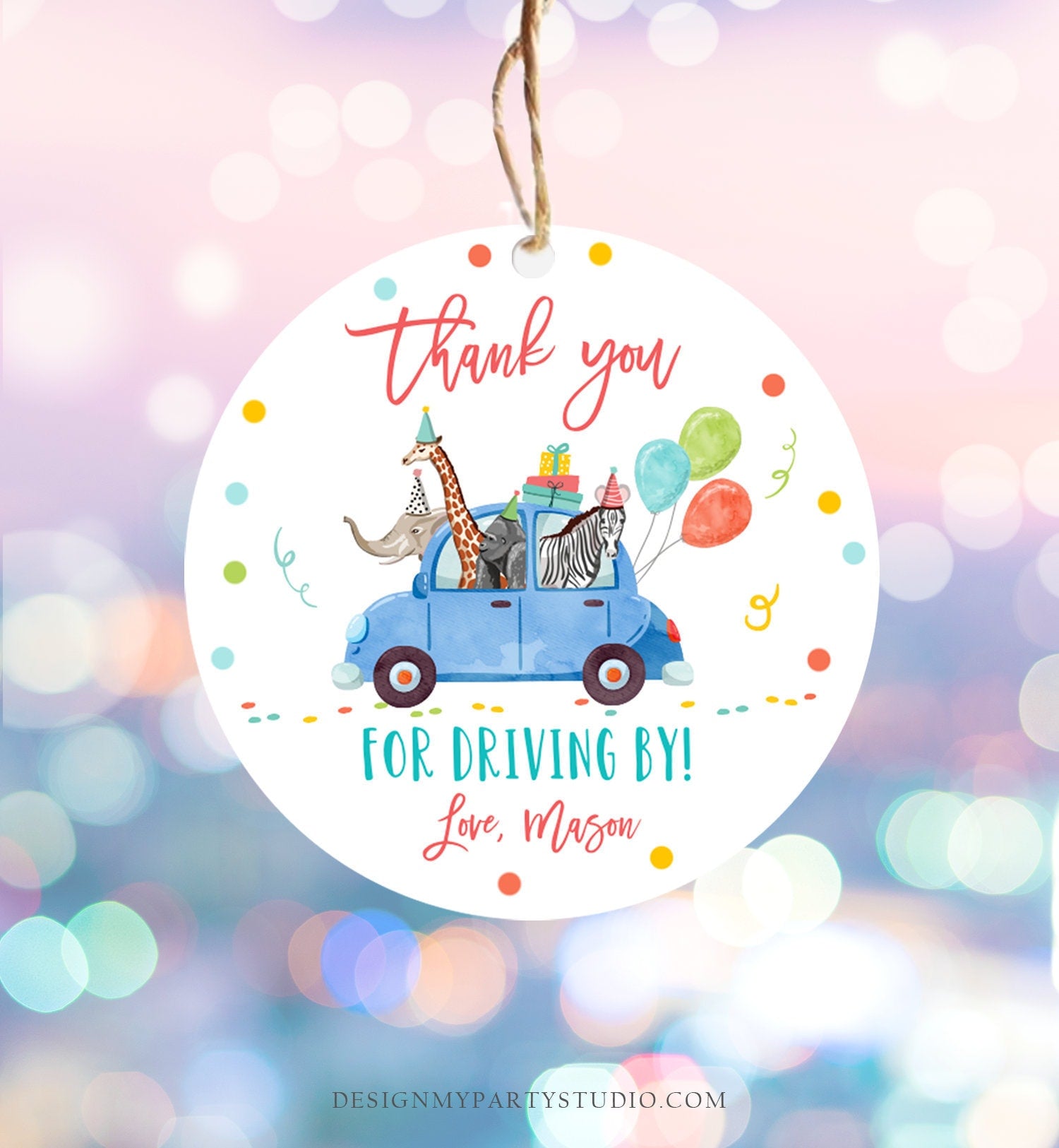 Editable Drive By Favor Tag Safari Animals Birthday Party Parade Thank You Gift Quarantine Blue Car Boy Round Square Corjl Template 0333
