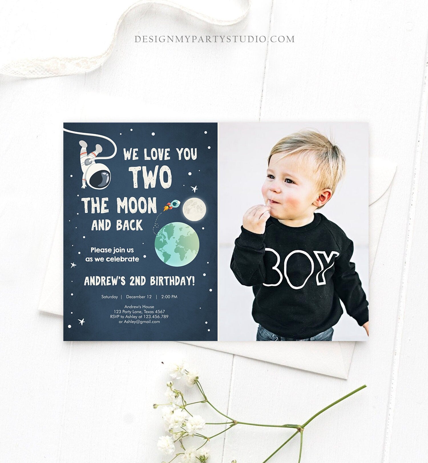 Editable Two the Moon Birthday Invitation Space Astronaut 2nd Birthday Galaxy Birthday Second Download Printable Template Digital Corjl 0046