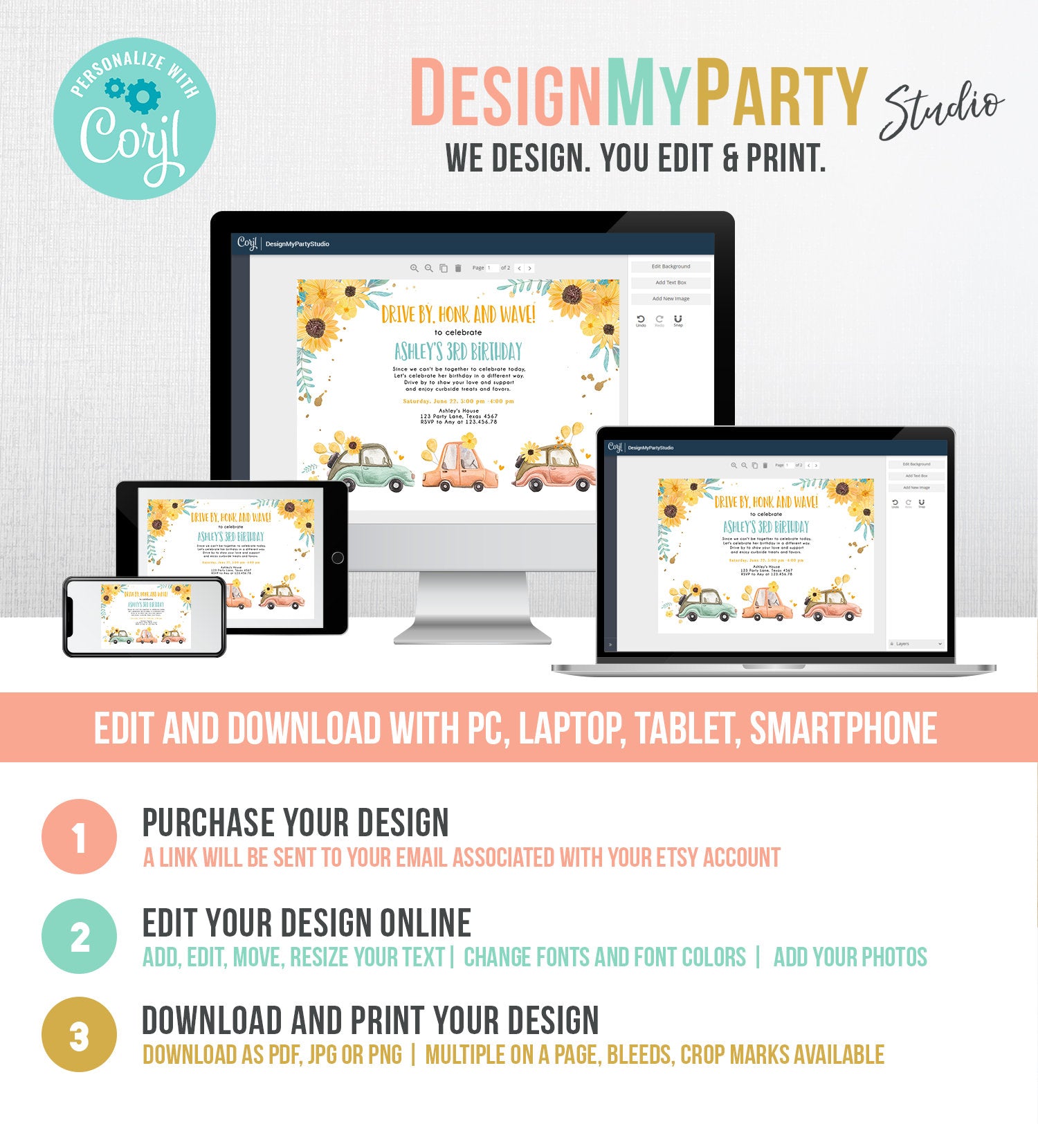 Editable Drive By Birthday Parade Invitation Virtual Party Invite Honk Wave Girl Yellow Sunflowers Summer Drive Through Digital Corjl 0335