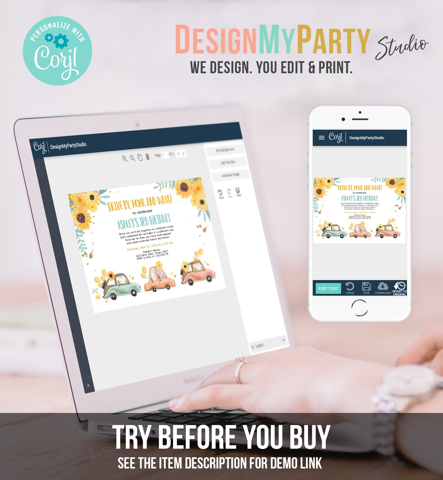 Editable Drive By Birthday Parade Invitation Virtual Party Invite Honk Wave Girl Yellow Sunflowers Summer Drive Through Digital Corjl 0335