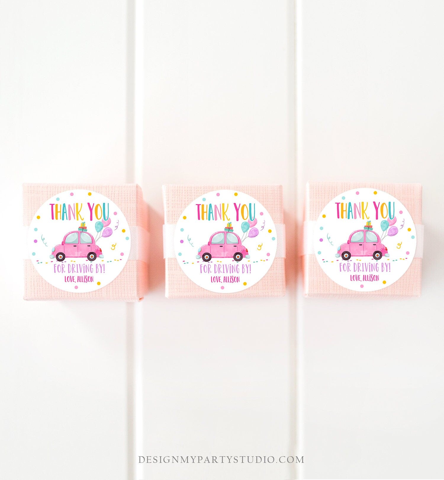 Editable Drive By Favor Tag Drive By Birthday Parade Thank You Gift Tags Quarantine Pink Car Girl Round Square Sticker Corjl Template 0333