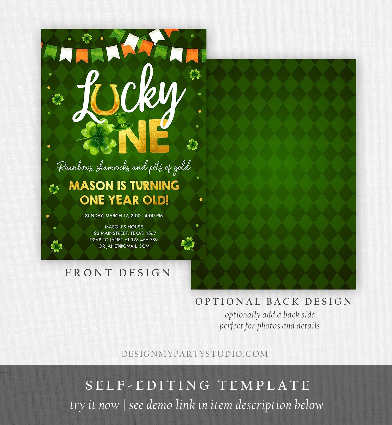 Editable Lucky One Birthday Invitation St. Patrick's Day First Birthday 1st Boy Shamrock Clover Download Corjl Template Printable 0379