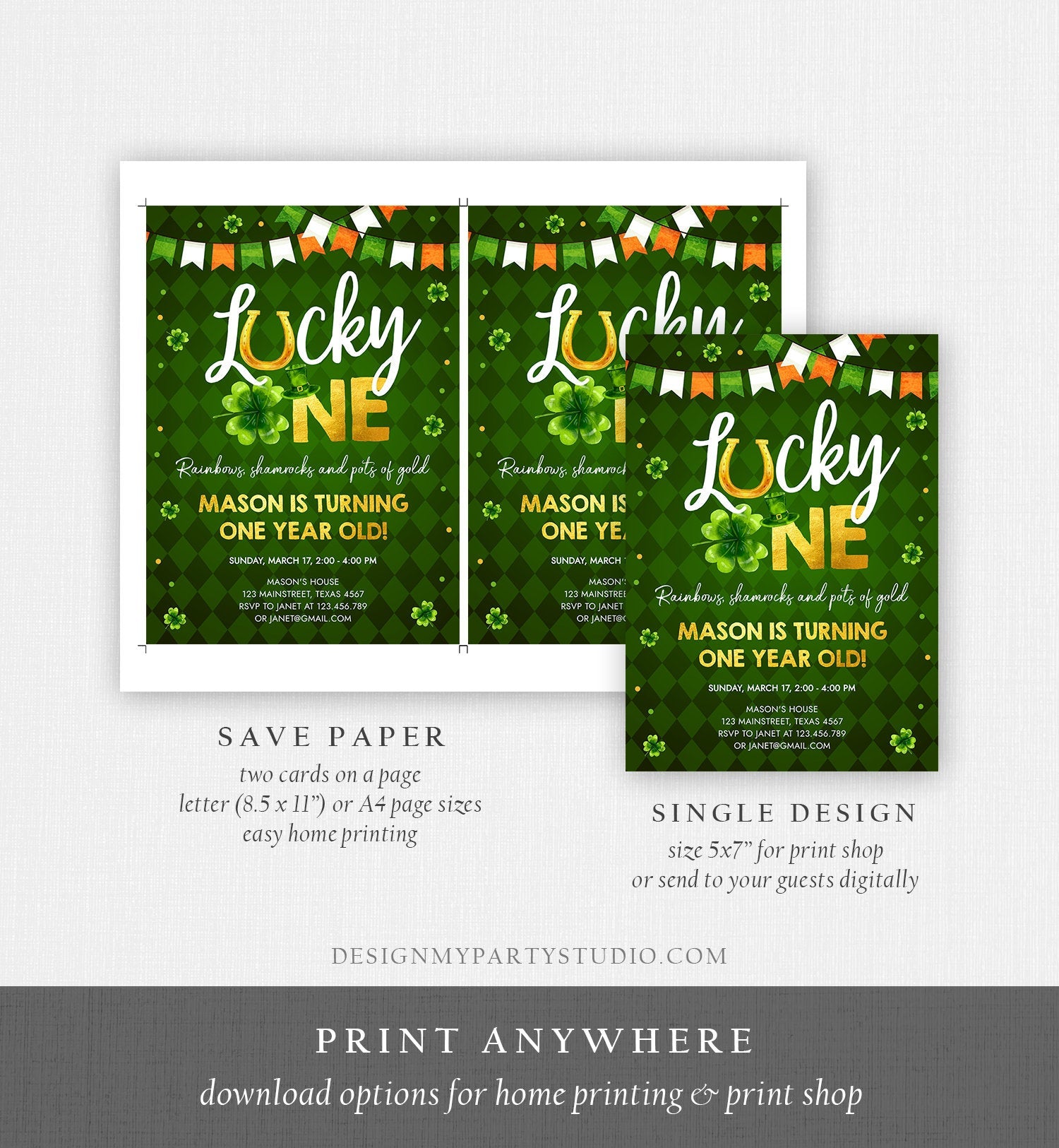 Editable Lucky One Birthday Invitation St. Patrick's Day First Birthday 1st Boy Shamrock Clover Download Corjl Template Printable 0379