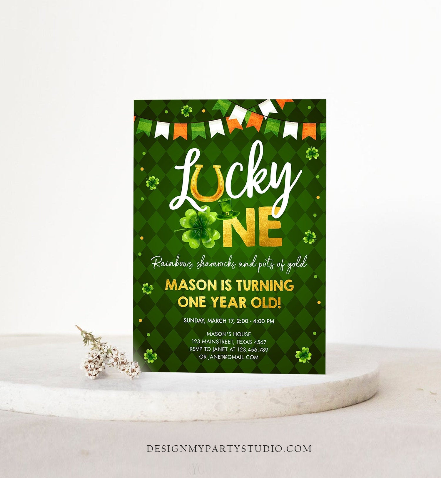 Editable Lucky One Birthday Invitation St. Patrick's Day First Birthday 1st Boy Shamrock Clover Download Corjl Template Printable 0379